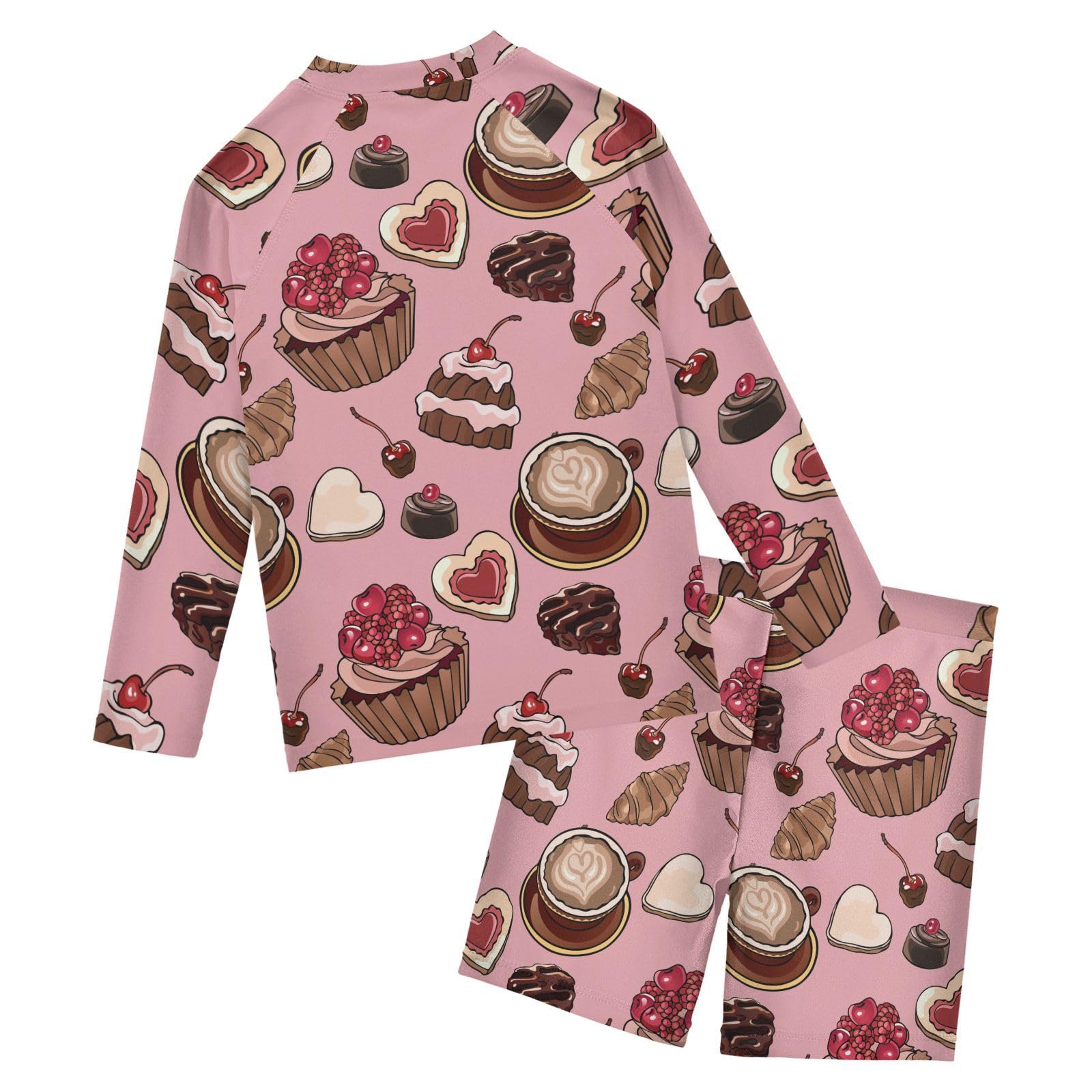Aflyko Kids' Bathing Suit Set Coffee Cupcake Sweet Cookies Long Sleeve Swim Tops with Shorts Summer Vacation Pool Party Rashguard Fun Cute Infant Beachwear, 4T