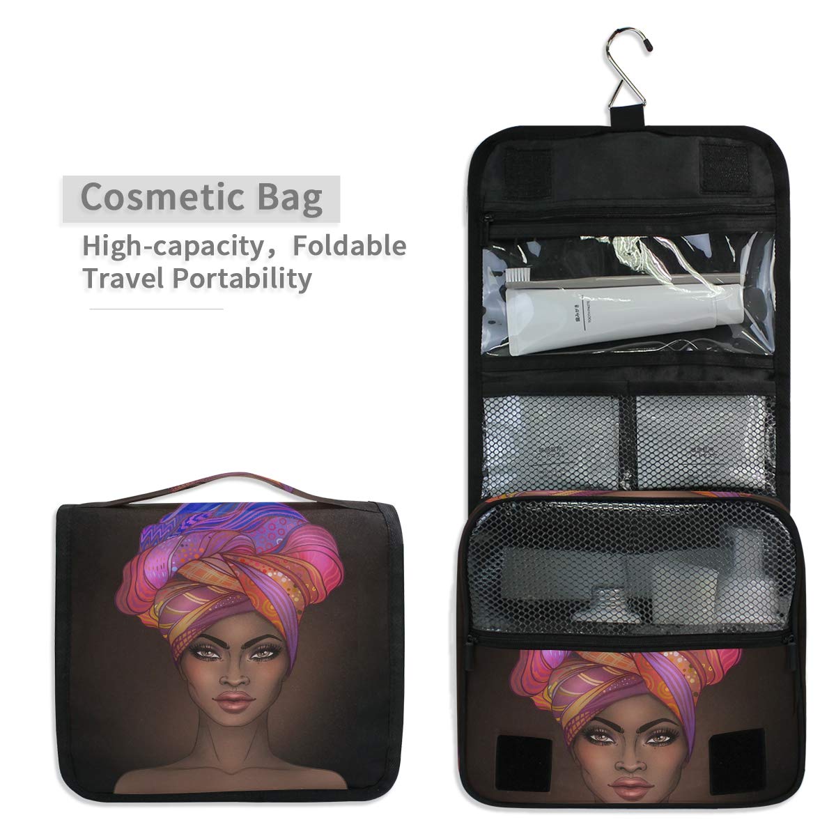 Bolaz Hanging Toiletry Bag African American Woman Portable Cosmetic Makeup Travel Organizer for Men & Women with Sturdy Hook