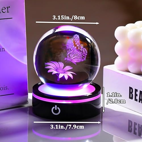 Miniatura 3 de YWHL Figura de mariposa y flor de bola de cristal 3D con base LED colorida, regalos de mariposa láser para mujeres y hombres en cumpleaños de