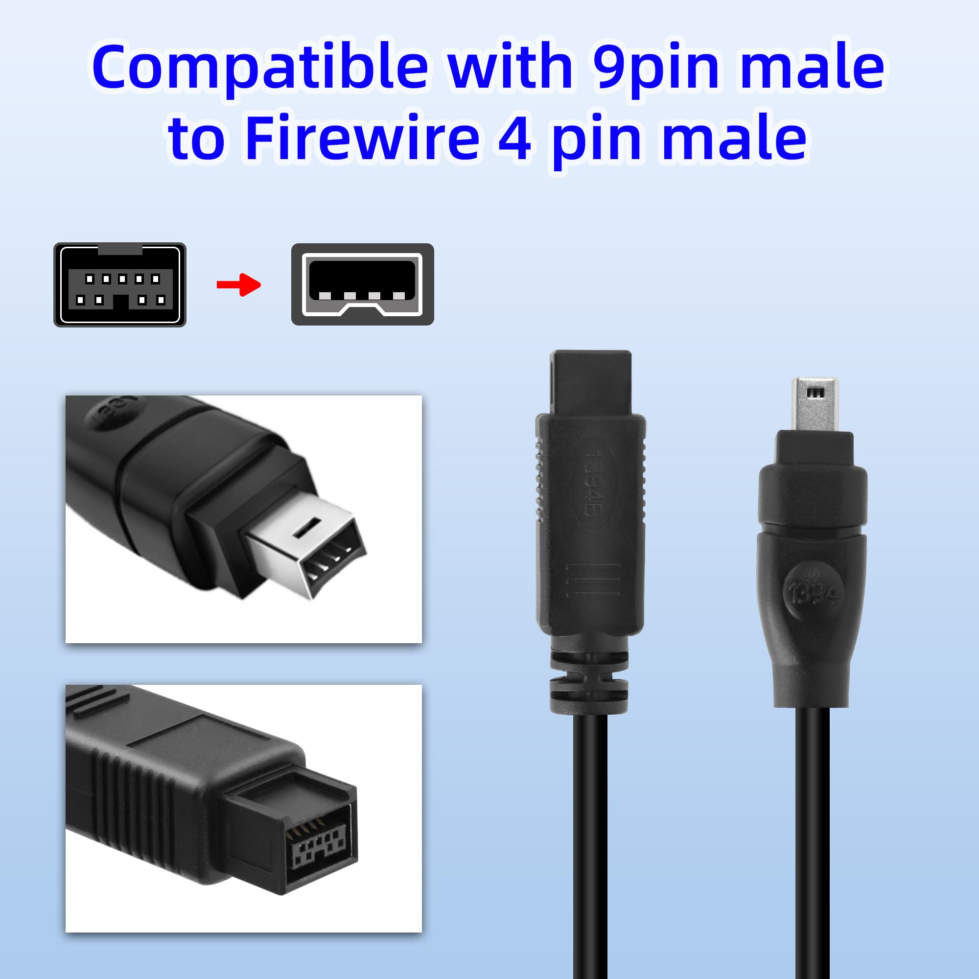 1,8 m IEEE 1394 Firewire wtyczka 4-pinowa na 9-pinowa, kabel iLink adapter konwerter do aparatu cyfrowego, kamkordera, laptopa, DV, czarny (4 na 9)