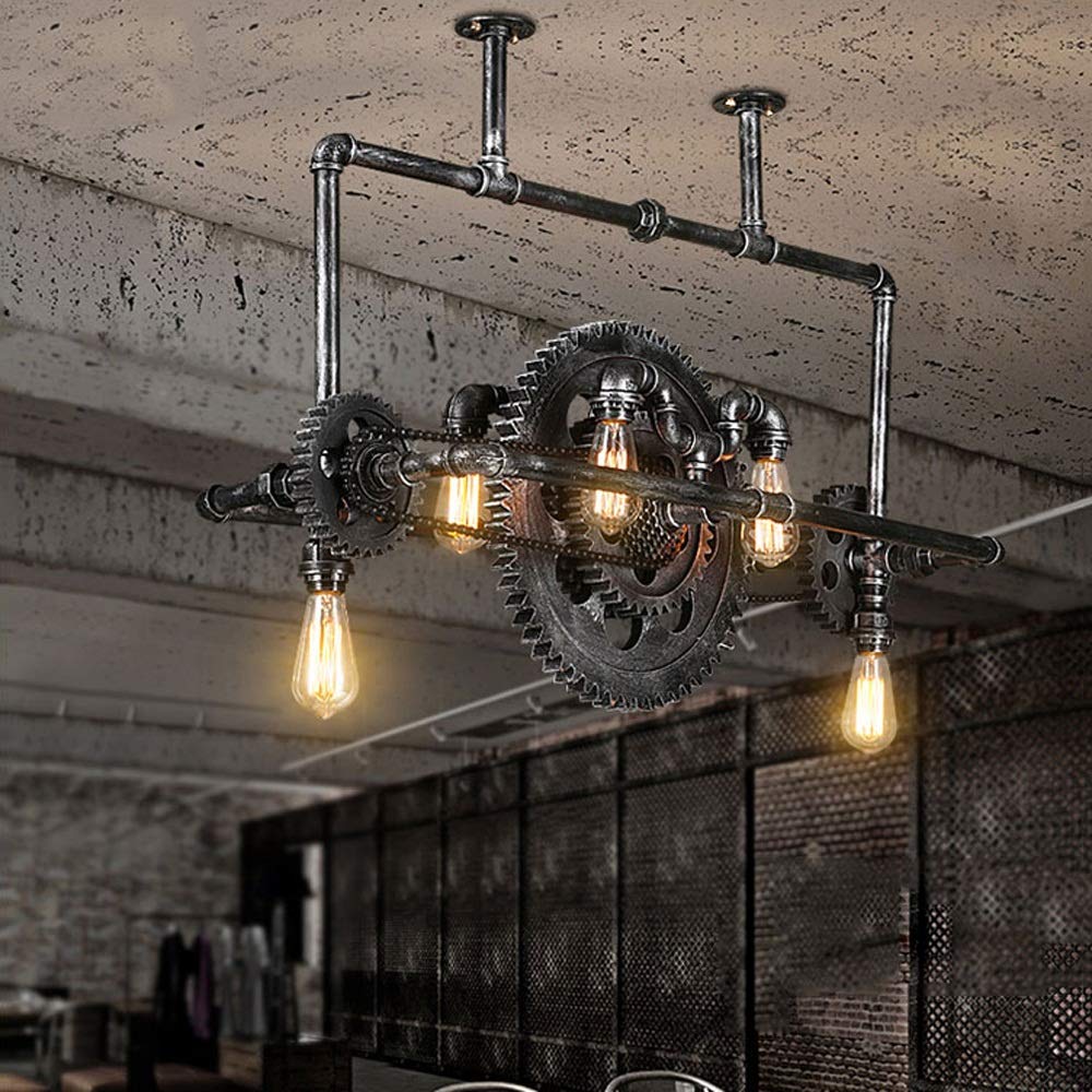 ISCBAFYX Tubo de Agua Steampunk Tradicional Pipas de Hierro Forjado Creativo Vintage Equipo de Madera Industrial Lámparas Colgantes de Equipos Tema Bar de Restaurante Luces Colgantes de Metal Retro