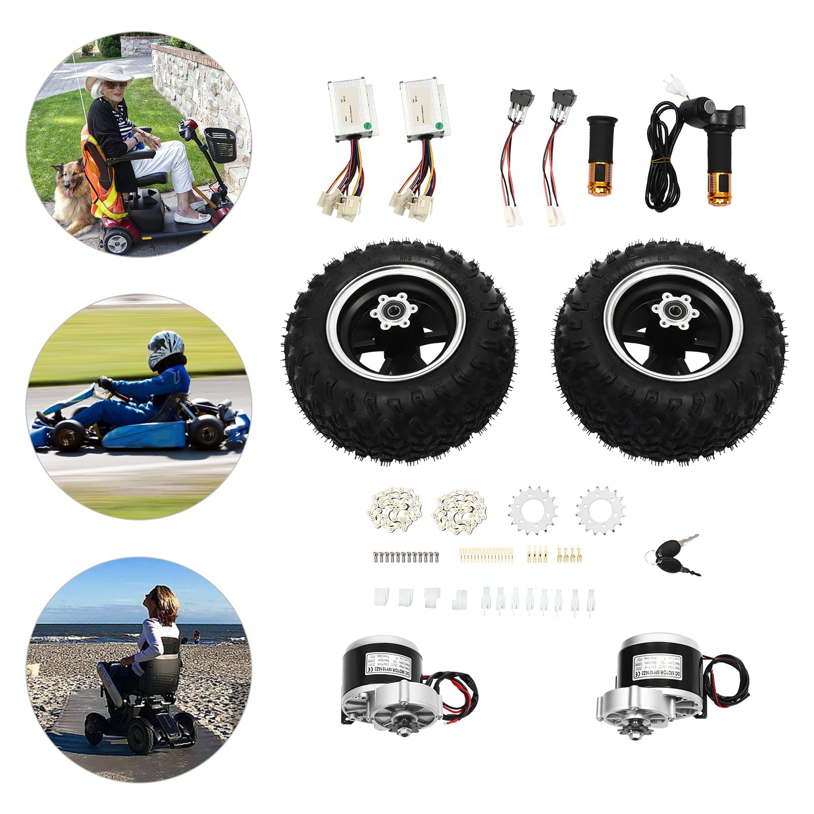 Kit de motor eléctrico de 24 V 250 W Dual Drive Go Kart motor eléctrico 6,21 km/h, kit de conversión eléctrica Gokart de 10 pulgadas, kit de conversión eléctrica de 0,8 N.M, juego de ruedas dobles