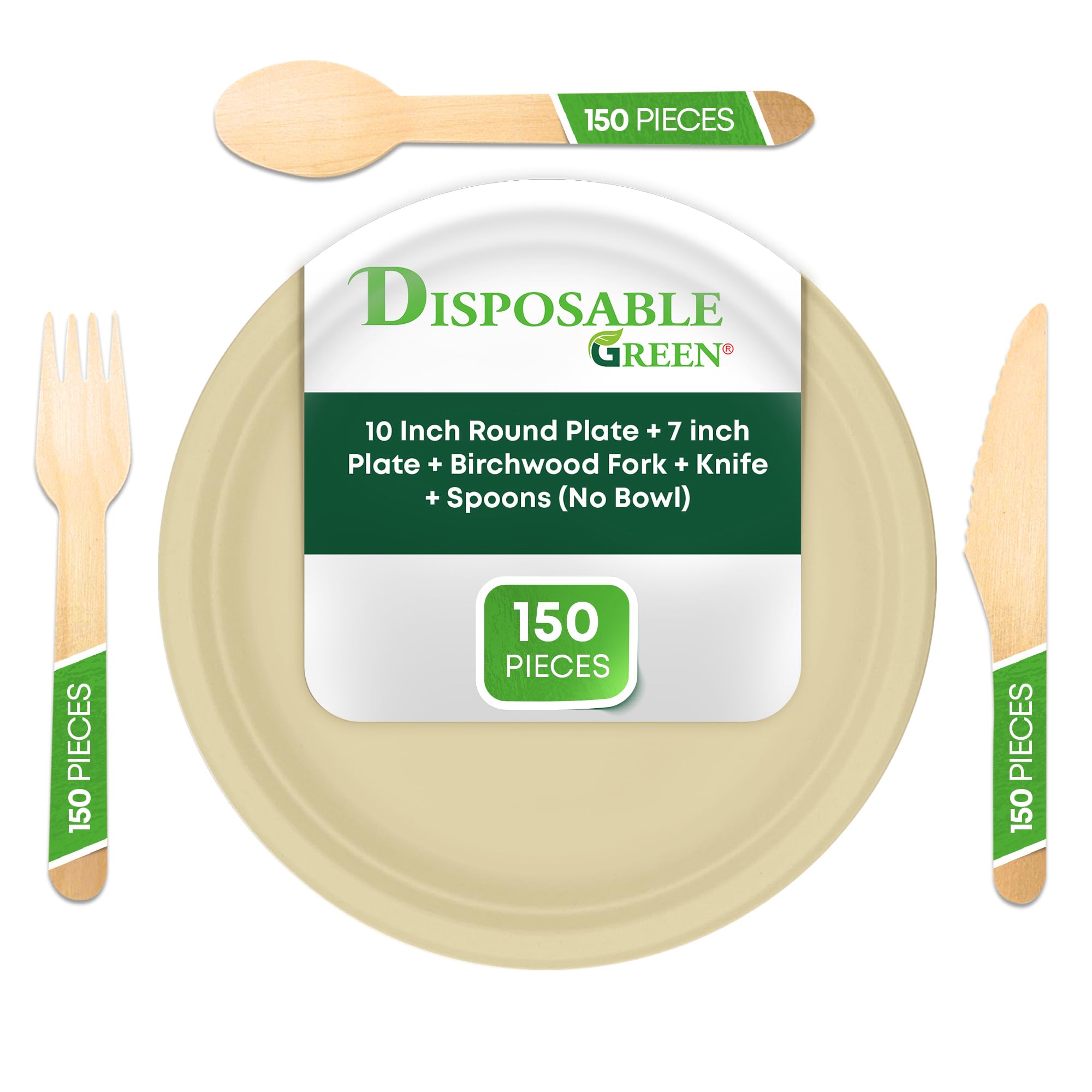 DISPOSABLE GREEN 10 Inch Round Plate + Birchwood Fork + Knife + Spoons, 150 pcs