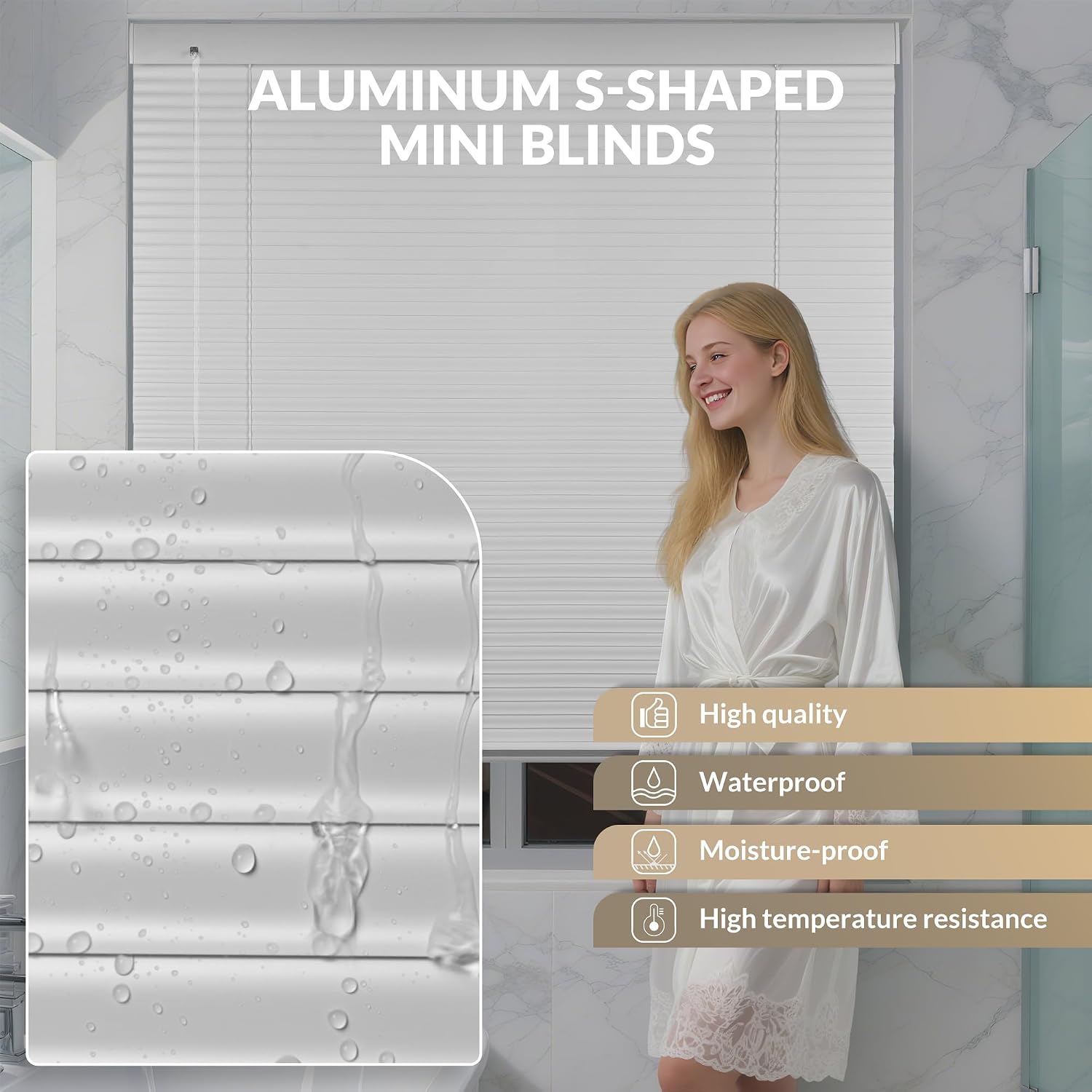 Boolegon Cordless Mini Blinds for Indoor Windows,Aluminum 1" S-Curve 100% Privacy,Waterproof,Room Darkening,Horizontal Window Blinds for Door,Kitchen,Bathroom,Bedroom, White, 24" W x 56" H