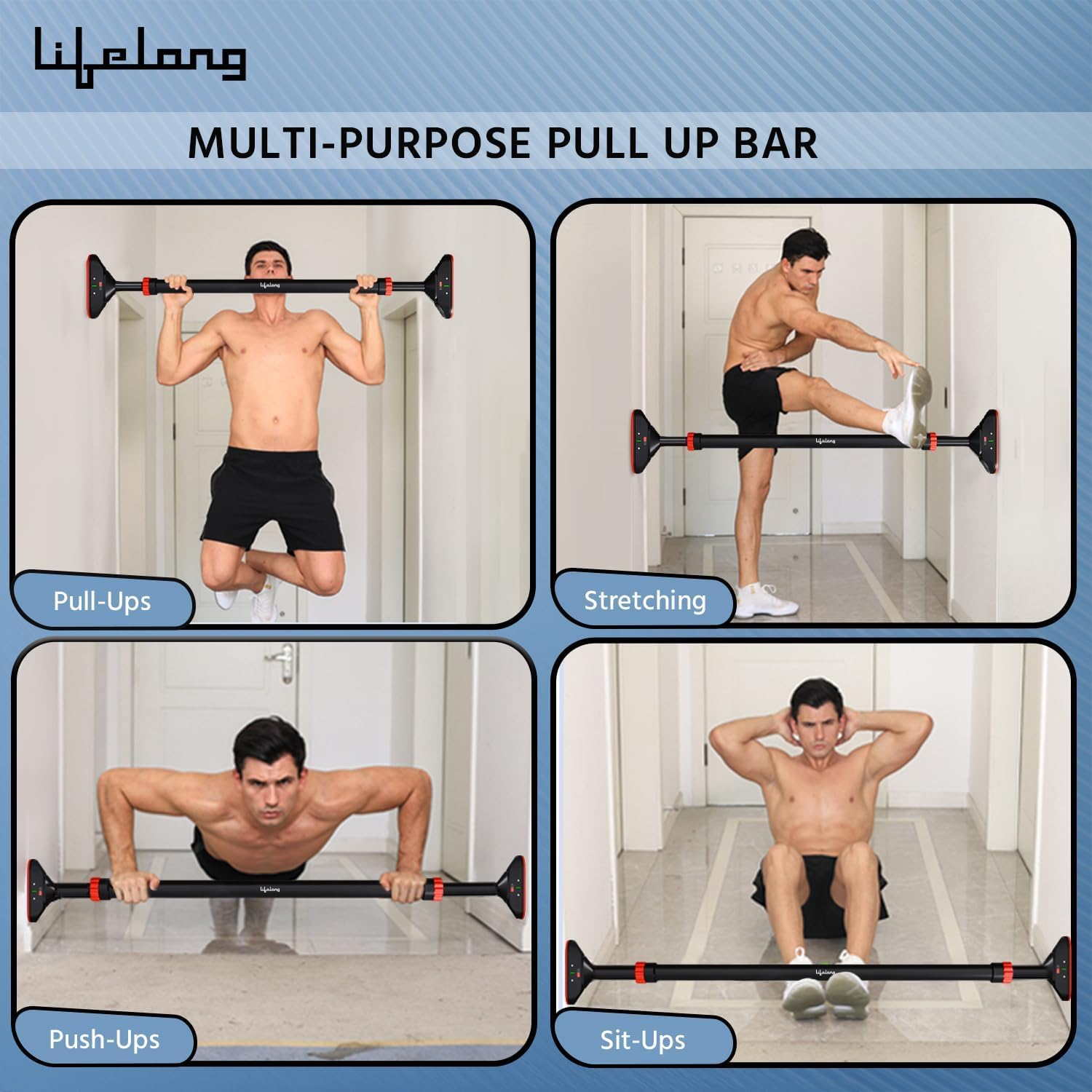 Lifelong - Pull Up Bar for Home Adjustable Bar Wall Mounted Screwless Pull Up Bar Door Pull Up Bar Height Increase Exercise Equipment for Home Gym