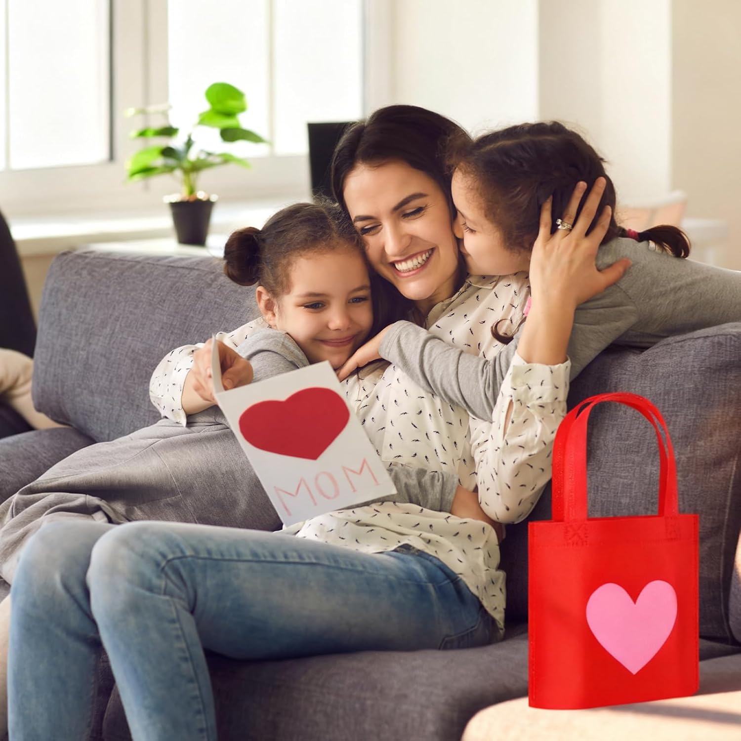 PerKoop 48 Pcs Reusable Valentines Gift Bags Heart Themed Goodie Candy Bags with Handles Non Woven Snack Wrapping for Business Shopping Retail Holiday Wedding Party Gift Supply Favor (Red,Pink) - Image 9