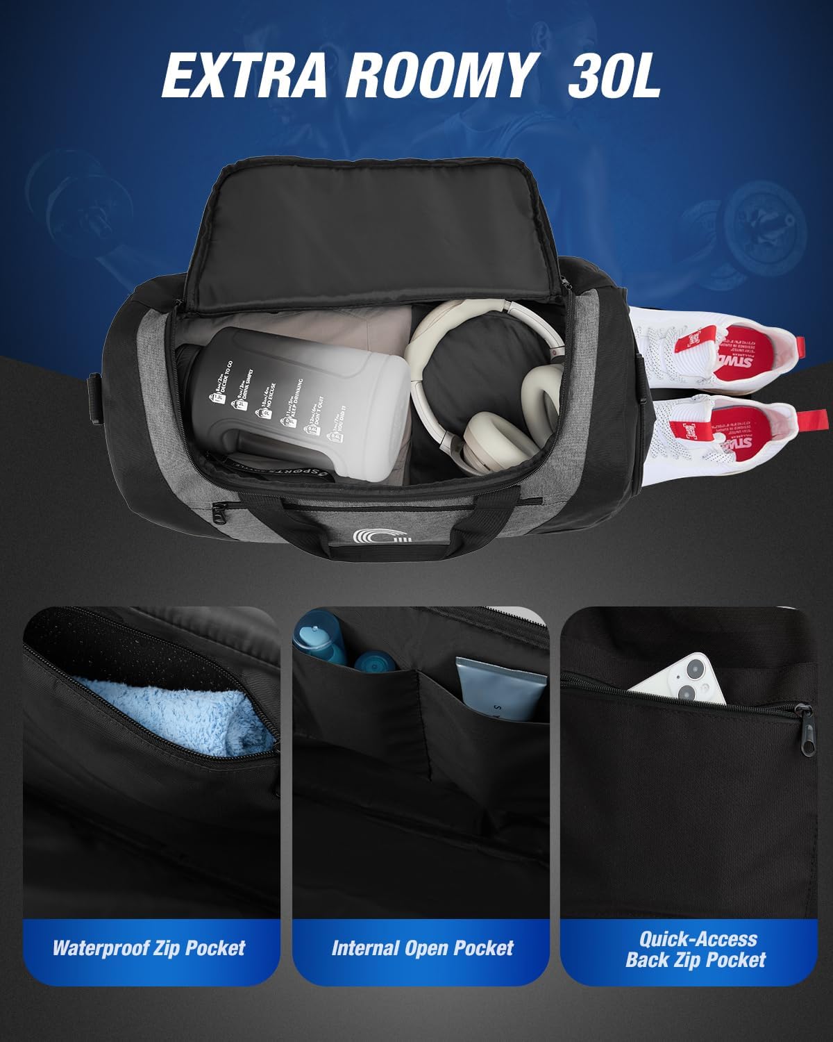 Gonex Gym Duffel Bag with Shoe Compartment Wet Pocket, Large Capacity Sports Duffle Bag for Men Women, Workout & Travel Bag with Multiple Pockets, Black/Gray, Small (30L) - Image 2