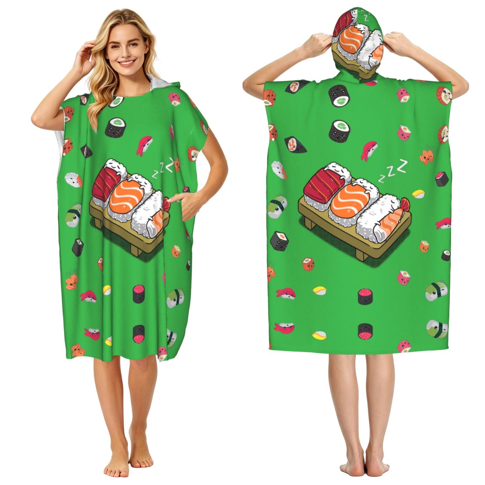 EZDLOWVBA Sleeping Sushi Print Hooded Poncho Microfiber Beach Towel,Adult Women & Men Changing Robe,Lightweight Summer Surf Swim Bath Poncho Towel