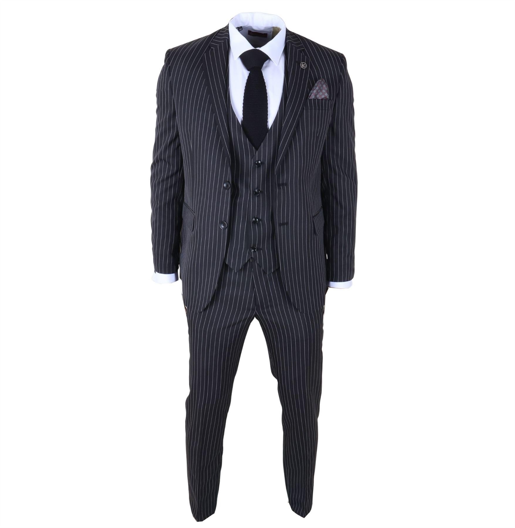 Truclothing Men's Black Classic Pinstripe 3 Piece Suit Tailored Fit Formal Set - 40