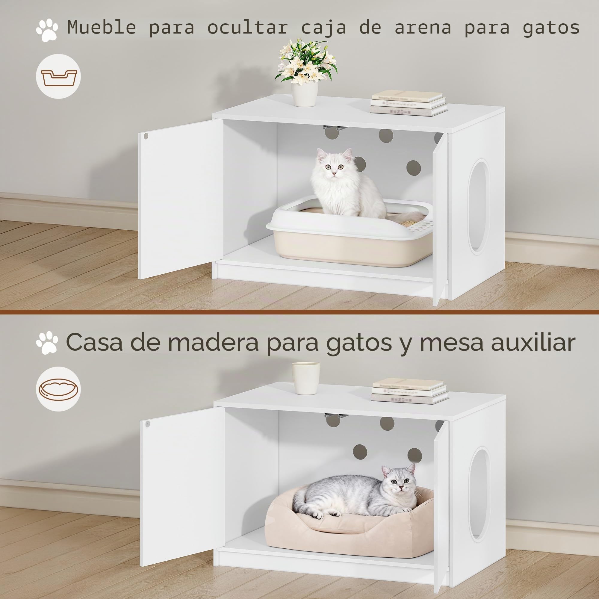 Mueble Arenero Gatos Oculta, 80 x 50 x 51,5 cm, Blanco | Armario para Gato con Puertas que se Abren con un Empujón y Orificios de Ventilación, Casa para Gatos, Minimalista FPCB201PW1