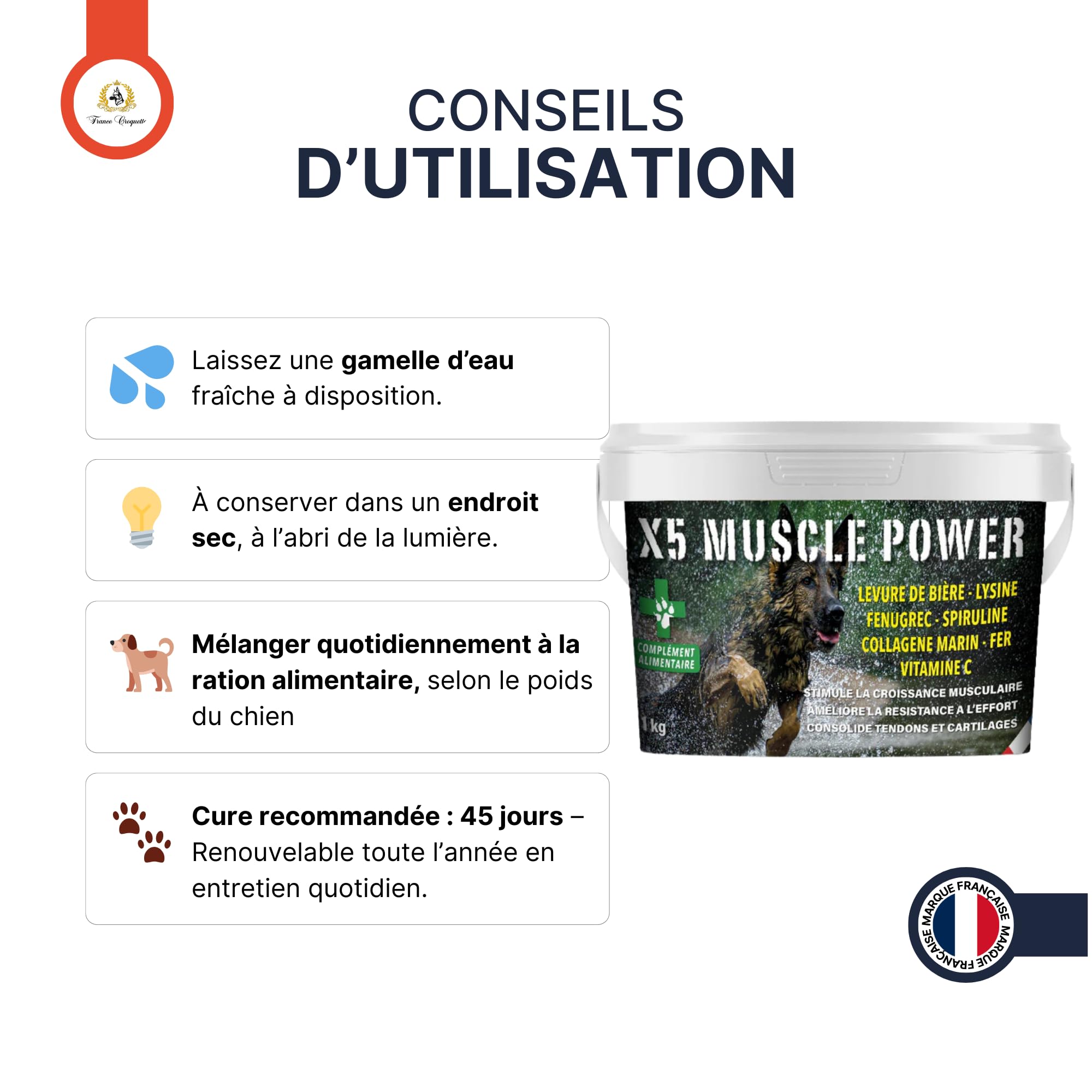 complément alimentaire chien Muscle Power x5 – croissance musculaire, force, endurance et récupération – fourni avec cuillère doseuse – chiot adulte senior – santé articulaire et vitalité - 500g