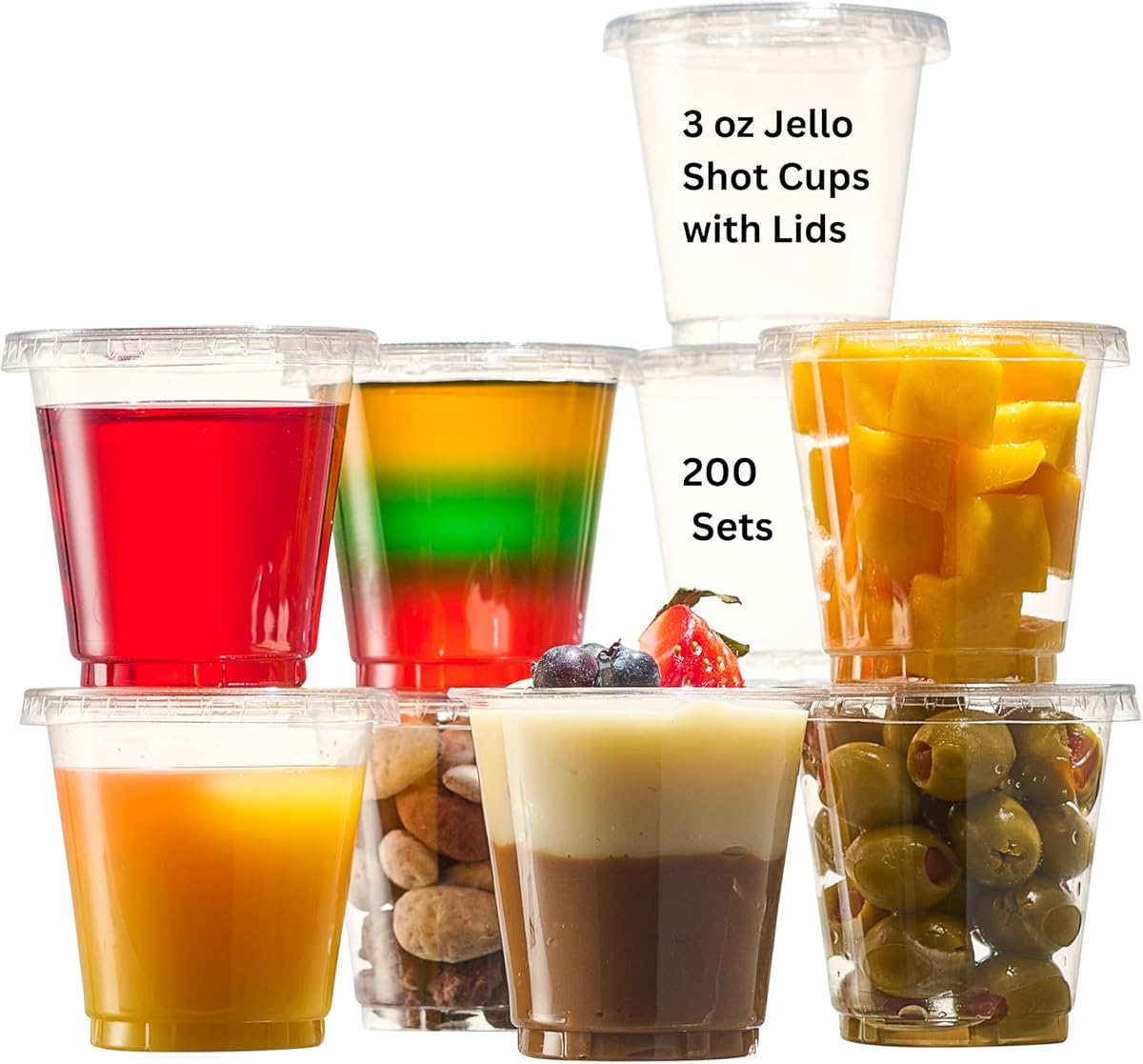 Jello Shot Cups with Lids 3 oz Containers With Lids - 200 Cups + 200 Lids - Leak-Resistant, Perfect For Disposable Dessert Cup, Plastic Fruit Pudding Cups with lids