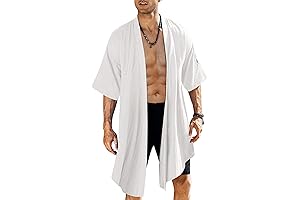 Men's Long Kimono Lightweight Open Front Jacket with Ruffle Collar