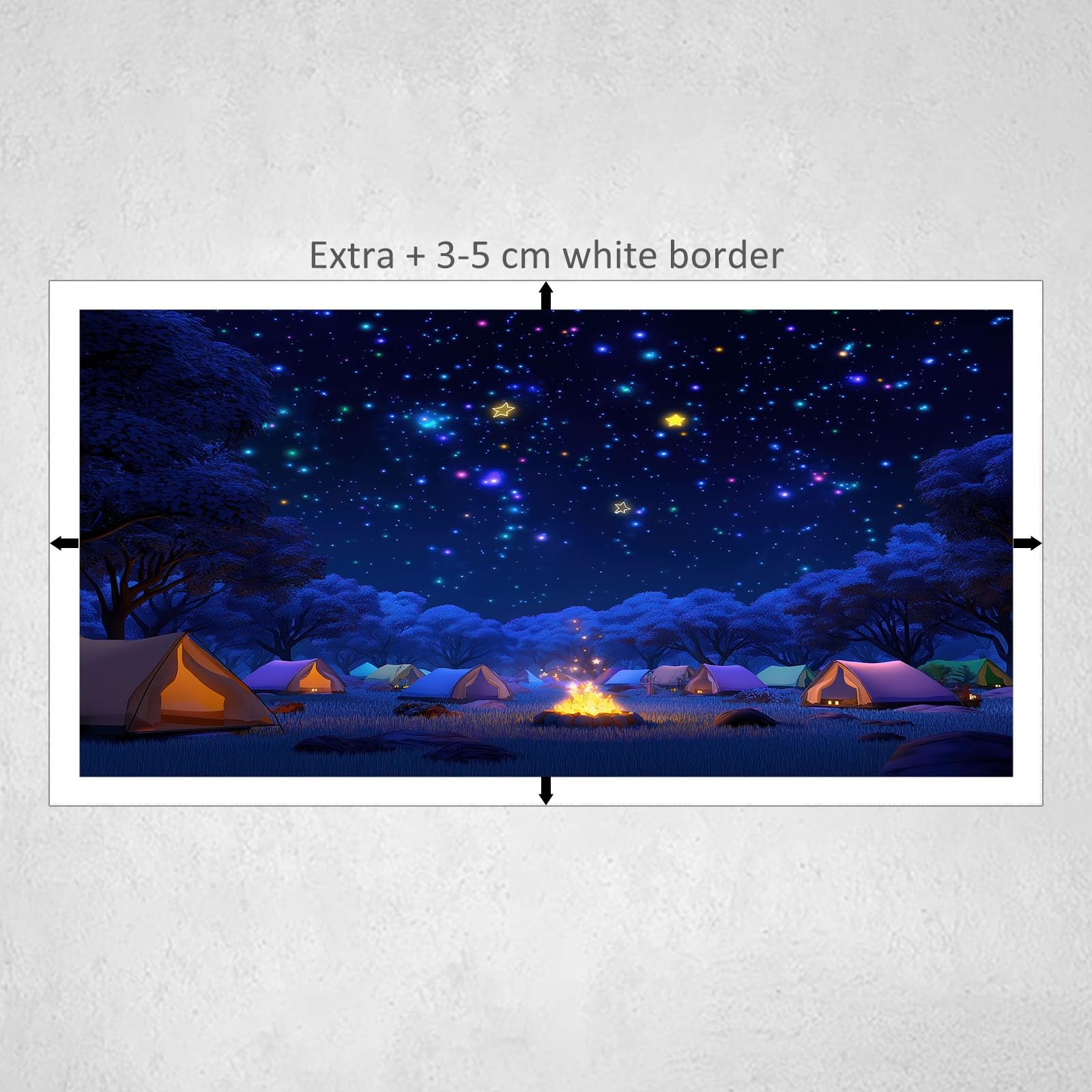 Generisch Cartoon Wald Sterne Lagerfeuer Modernes Leinwandbild 90L x 60B cm mit Rahmen, Marineblau XXL Wanddeko für Wohnzimmer Geschenk Idee Einzug - Hochwertiger Kunstdruck auf Holzrahmen
