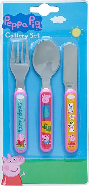 Peppa Pig 3 Piece Cutlery Set  Metal, Reusable Children's Knife, Fork & Spoon, Kids-Size, Made from Food-Safe Stainless Steel & ABS Plastic  with Peppa & George  for 12 Months & Up, Pink