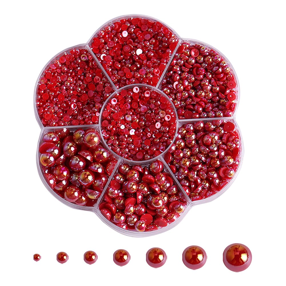 Hugede Red 5600 Pcs Small Flatback Imitation Pearls Half Round Pearls Craft Decoration Pearls Mixed Sizes Pearls Plastic Scrapbook Pearls With Clear Box