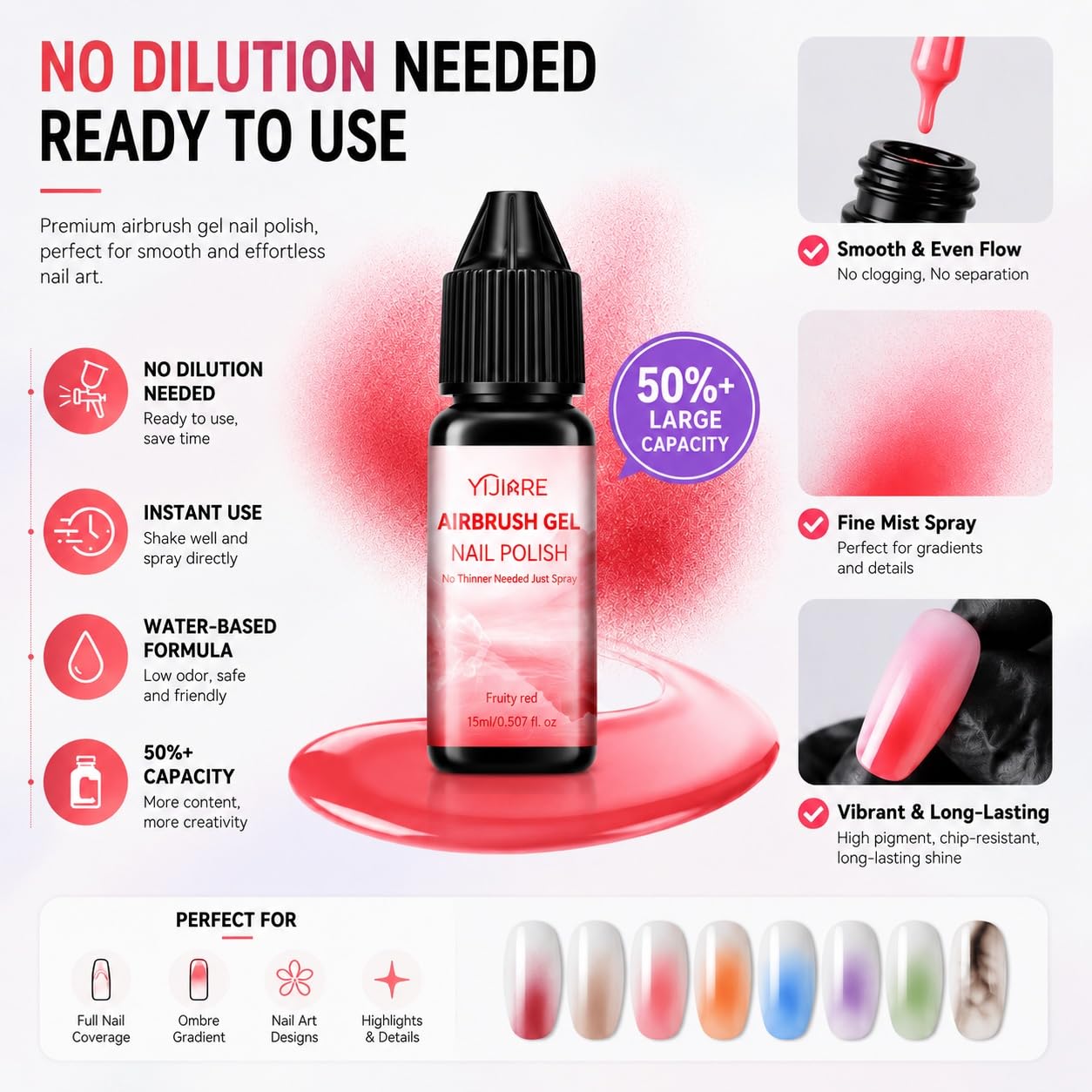 Airbrush Gel Nail Polish Set 12 Colors (15ml Each), No-Dilution, No Clogging, Airbrush Paint for Nails for Smooth Gradient Ombre & French Nail Art