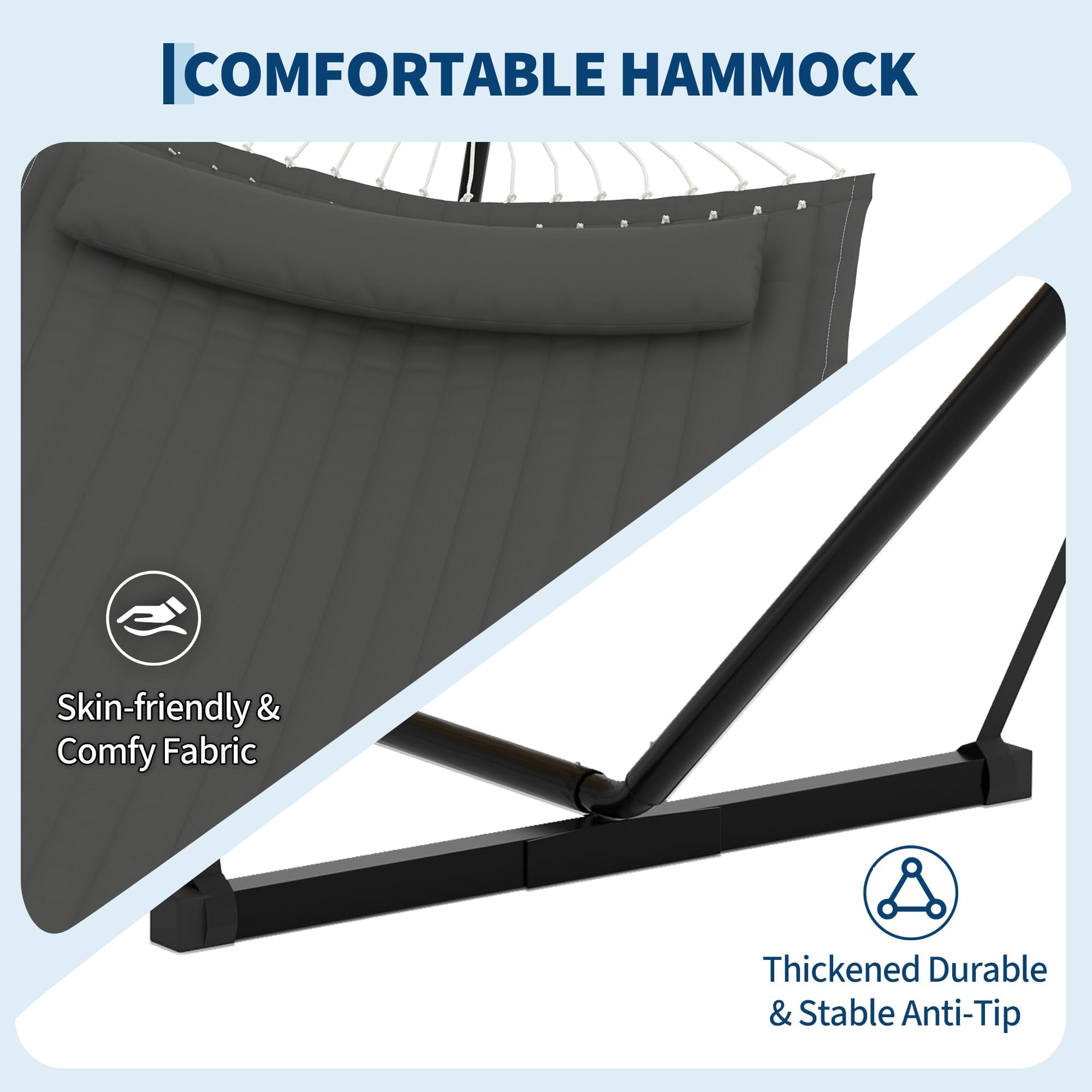 Doppel-Hängematte mit stabilem Gestell & Kissen – bis 450 kg belastbar – große Outdoor-Hängematte für 2 Personen – inklusive Balancierseil – ideal für Garten, Terrasse, Poolbereich – Farbe: Dunkelgrau