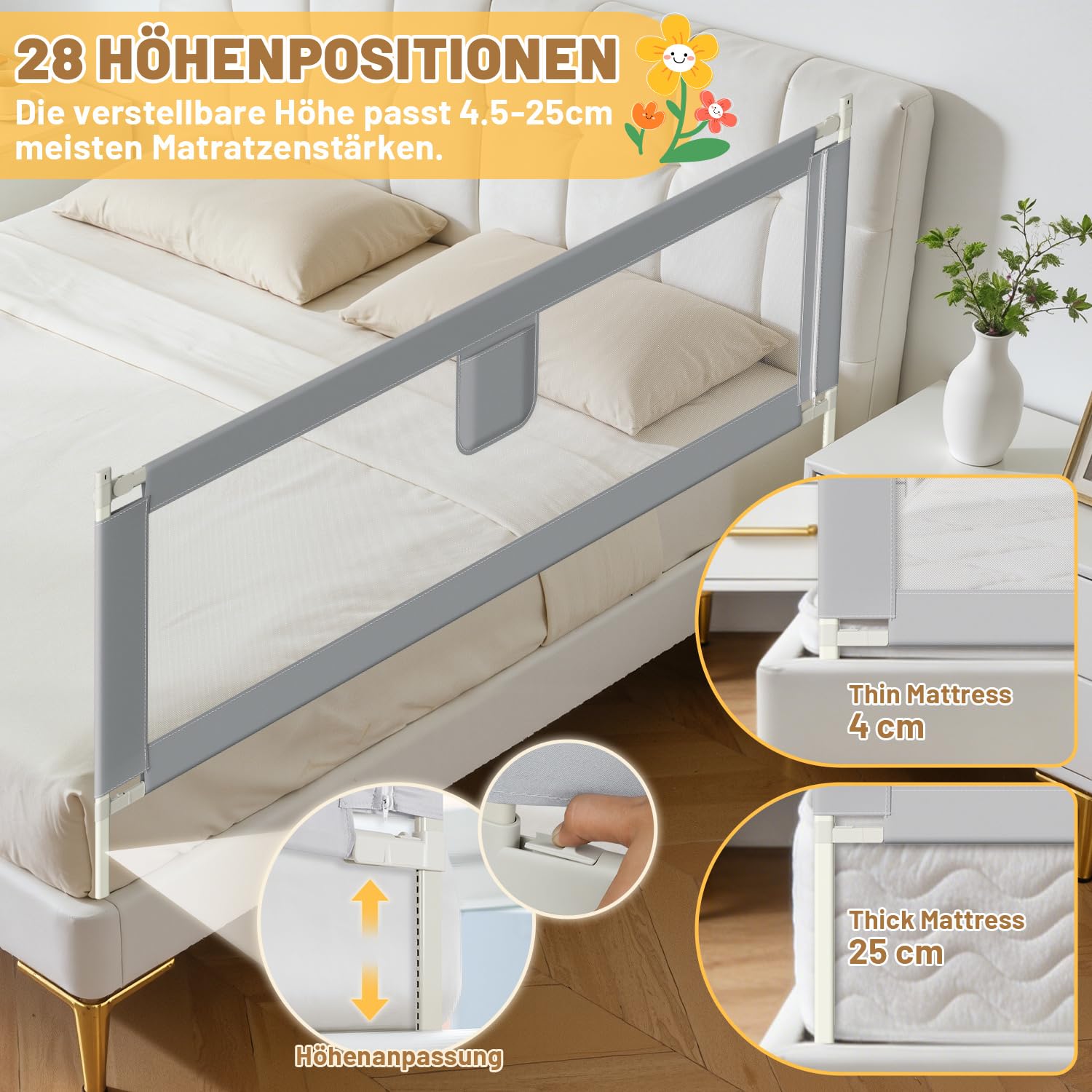 Bettgitter 200cm, Bettgitter Rausfallschutz Bett Höhenverstellbar 64-96cm, Bettschutzgitter Kinderbettgitter mit Luftiges Netz für Kinder & Elternbetten, Grau