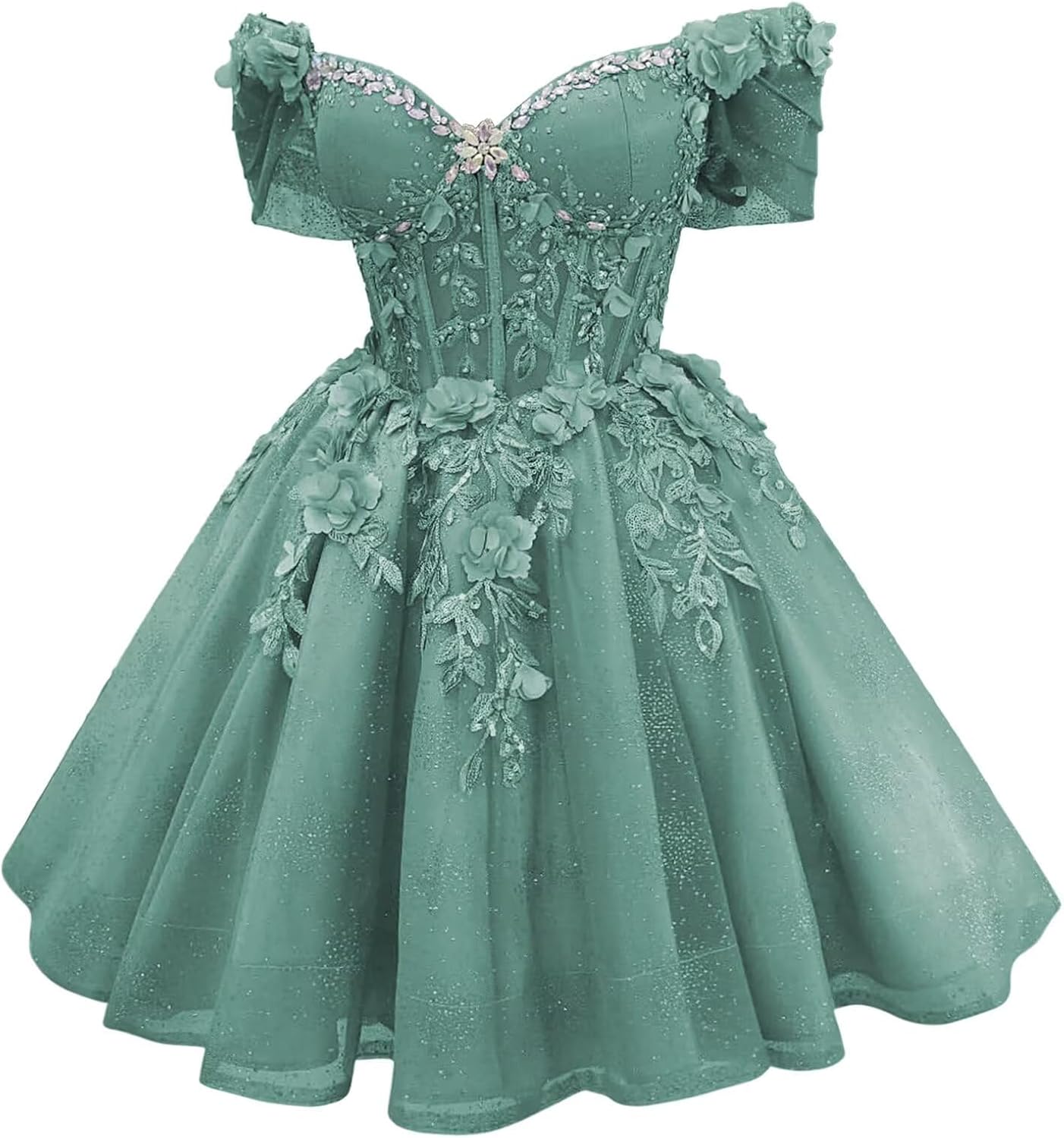 Sparkly Tulle Homecoming Dresses for Teens 3D Floral Lace Short Prom Dress Off Shoulder DAMA Dresses for Quinceanera