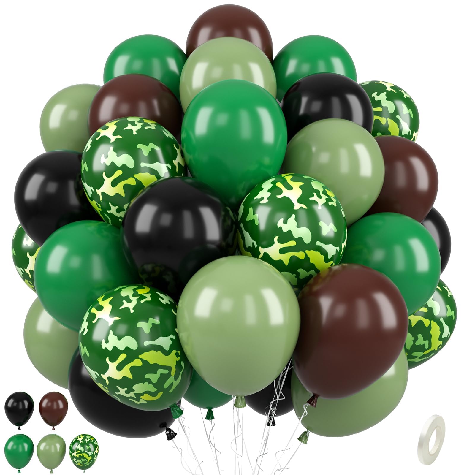 Paready Camo Balloons - 50 Pcs Green & Brown Camouflage Army Balloons, 12 Inch Dark Sage Green & Black Latex for Birthday, Baby Shower, Camping, Woodland, Hunting, Jungle Party DecorationsCarbonfree Certified