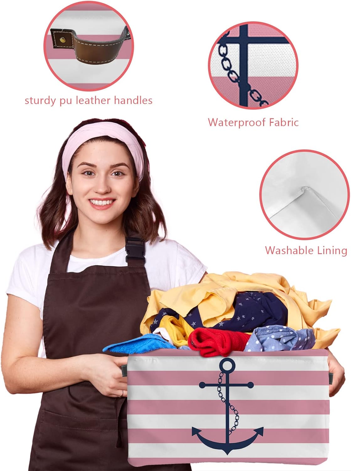 Storage Bins Large Storage Basket,Navy Anchor White Pink Stripe Collapsible Storage Bins with Handle,Nautical Ombre Geometric Art Storage Baskets Cube Organizer for Shelves Closet Nursery 2PC