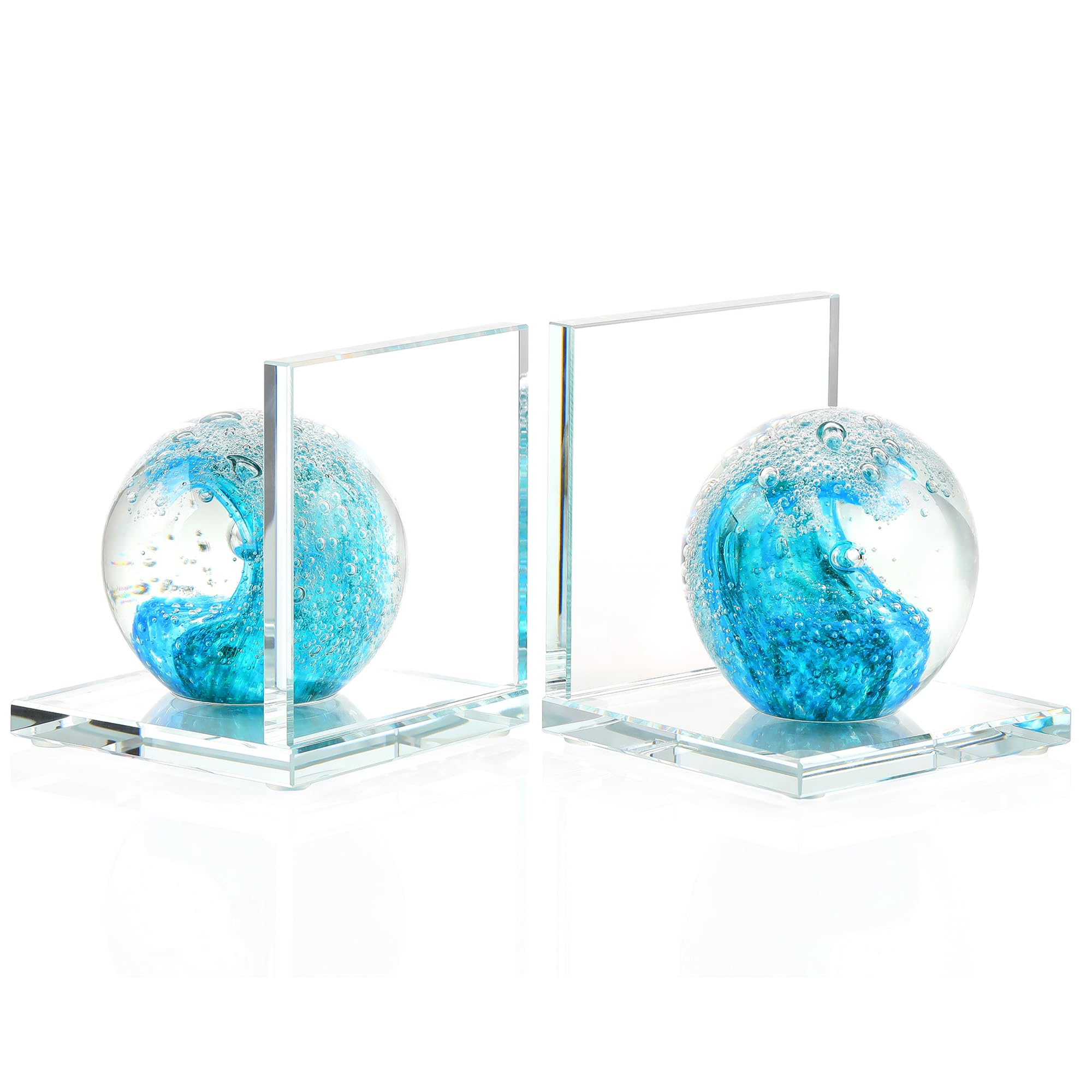 Buchstützen aus Glas mit türkiser, mundgeblasener Meereswelle, 2 Stück | Buchstützen für Regale, dekorativ, cool, Kristall, nautisch, Ozean, schwer, Küstenbuchstützen, moderne Buchstützen