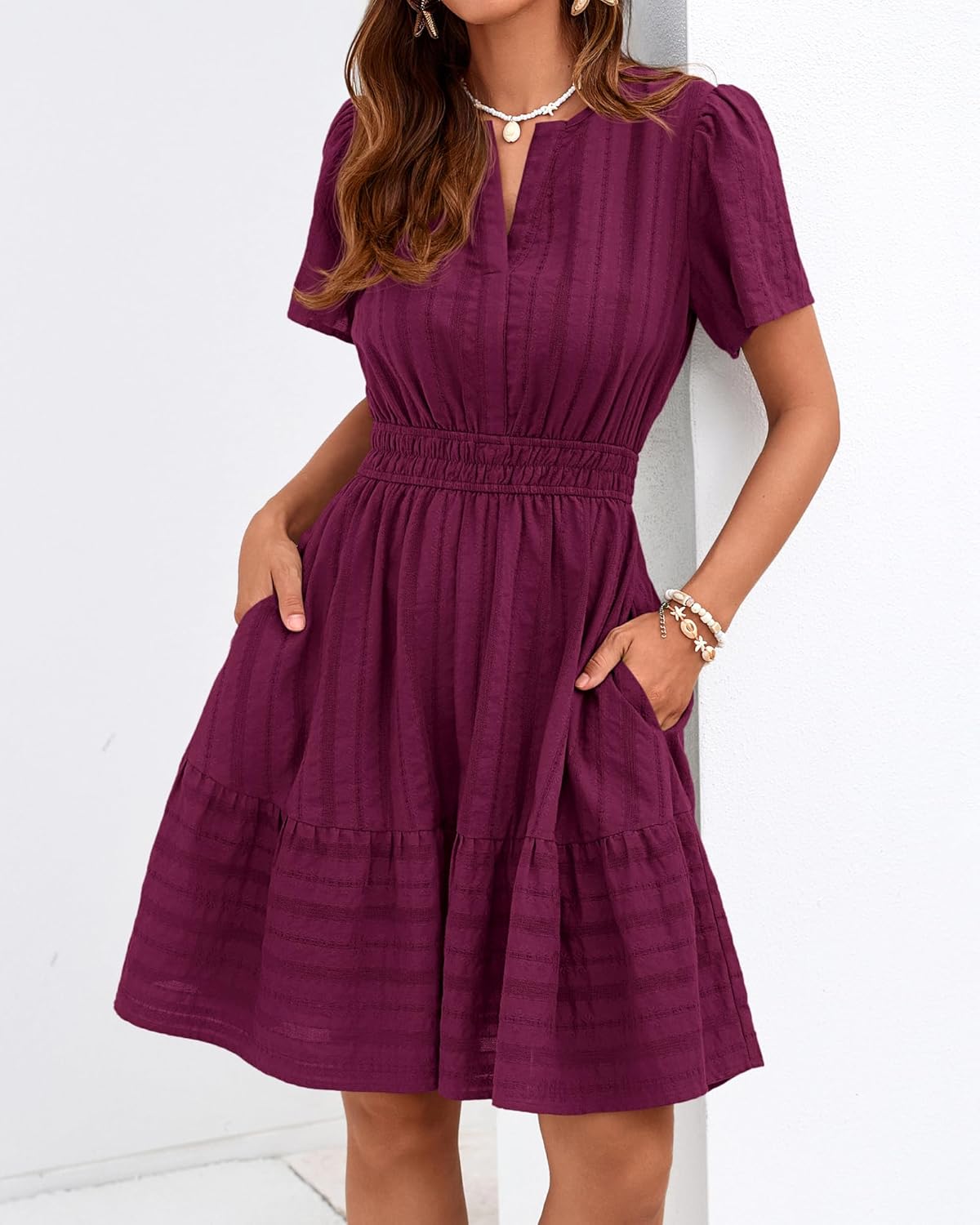 BTFBM Womens Spring 2026 Casual Mini Dresses Lightweight Short Sleeve V Neck Elastic Waist Cute Boho Beach Dress Pockets - Image 3