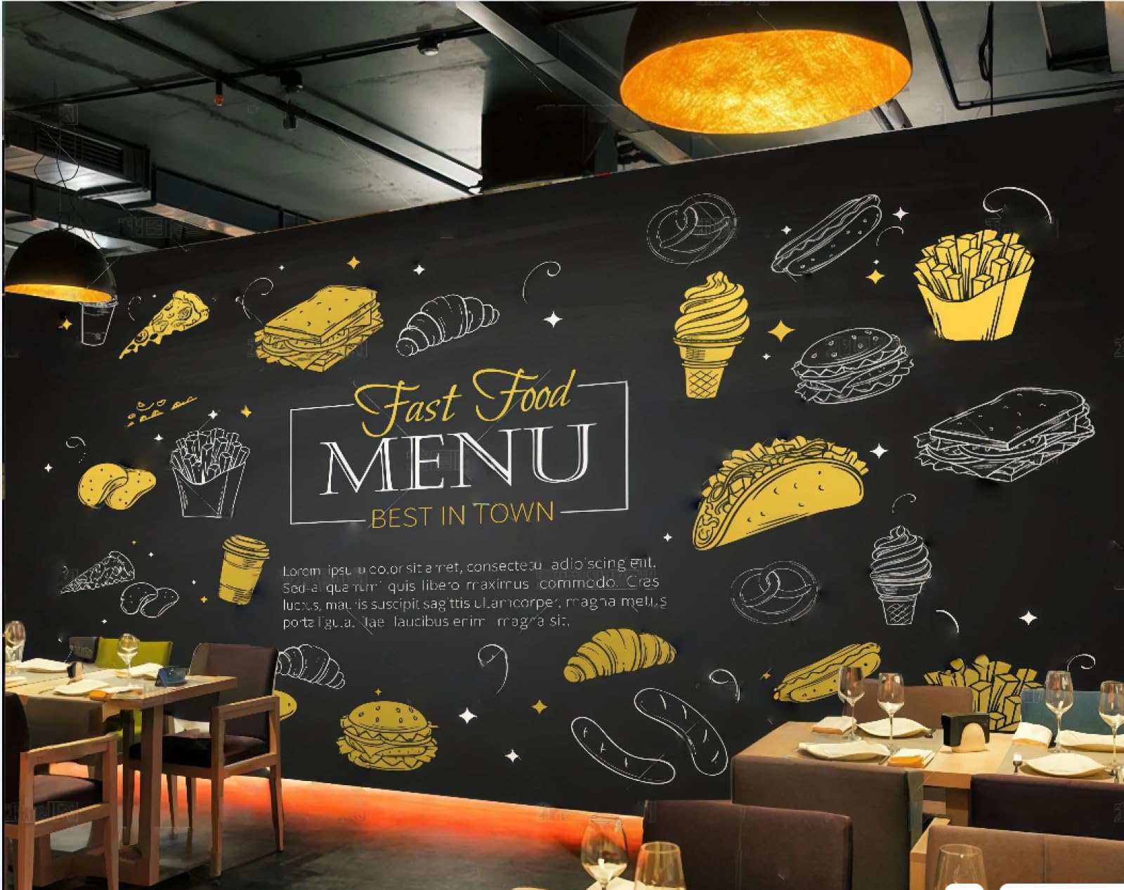 XDOUBAO Wallpaper Fashion Blackboard Hand-Painted Delicious Burger Bakery Dessert Theme Afternoon Tea Western Restaurant Background Wall Wallpaper Coffee Shop Mural,3D,300x210cm