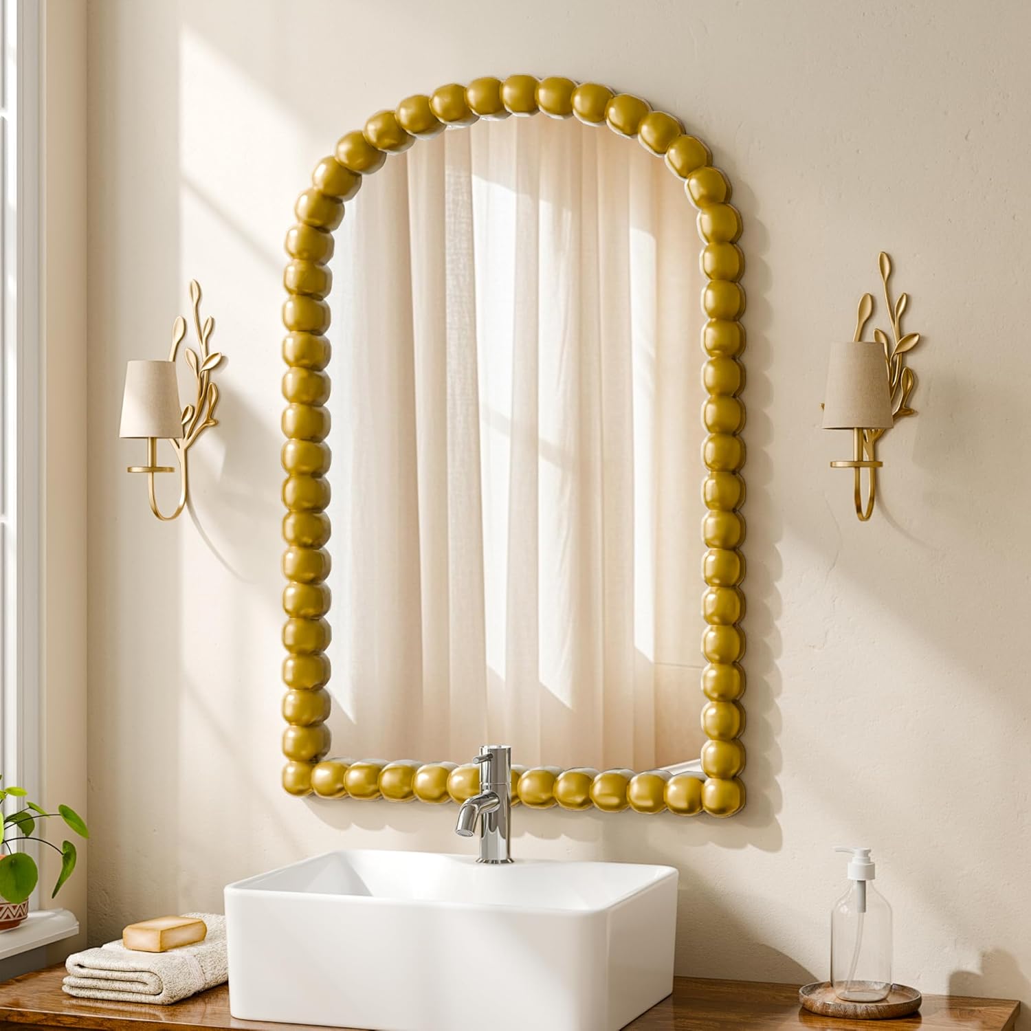 24"×36" Gold Arched Bathroom Vanity Mirror, Vintage Beaded Decorative Wall Mounted Makeup Mirror, as Wall Decor Hanging Leaning for Fireplace Mantle, Living Room, Bedroom, Vanity Area