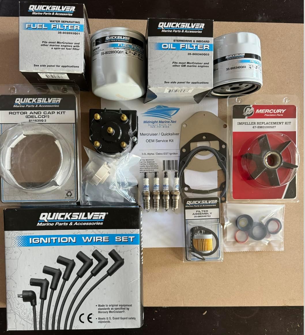 Mercruiser 3.0L / LX OEM Service Kit Alpha One Gen 2/Delco EST IGN: Fuel & Oil Filter, Alpha Impeller Kit, Distributor Cap/Rotor, Spark Plugs, & Wires Bayliner SeaRay Larson
