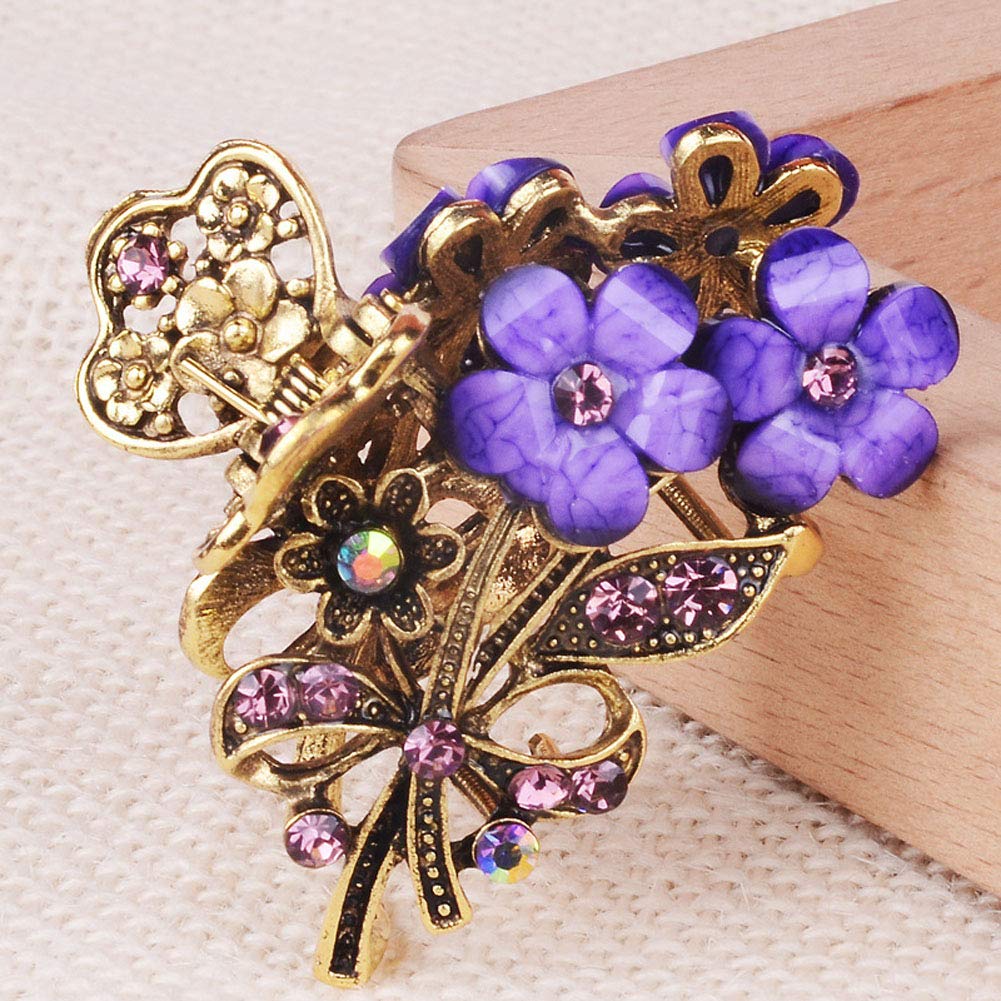 4 Pcs Vintage Flowers Medium Size Fancy Hair Claw Jaw Clips Pins with Rhinestone - Women Chic Metal Alloy Hair Clamp Hair Updo Grip Hair Accessories for Medium Hair image 4