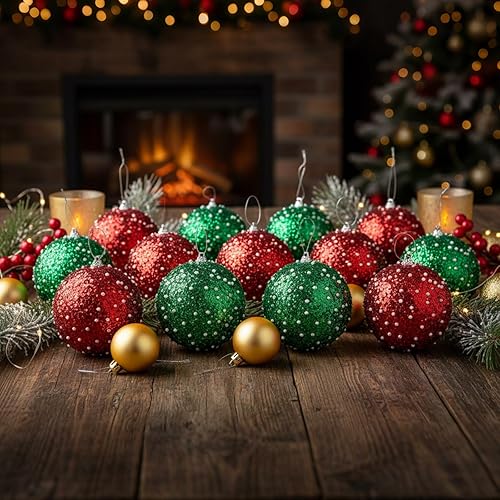 Vista 41 de Lyrow Juego de 24 adornos de bolas de Navidad con purpurina de 4 pulgadas, bolas de Navidad a granel, adornos colgantes de espuma de lentejuelas