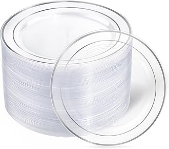 I00000 60PCS Clear and Silver Disposable Plates,Clear Plates with Silver Rim 7 Inch,Heavy Duty Plastic for Wedding Birthdays Party