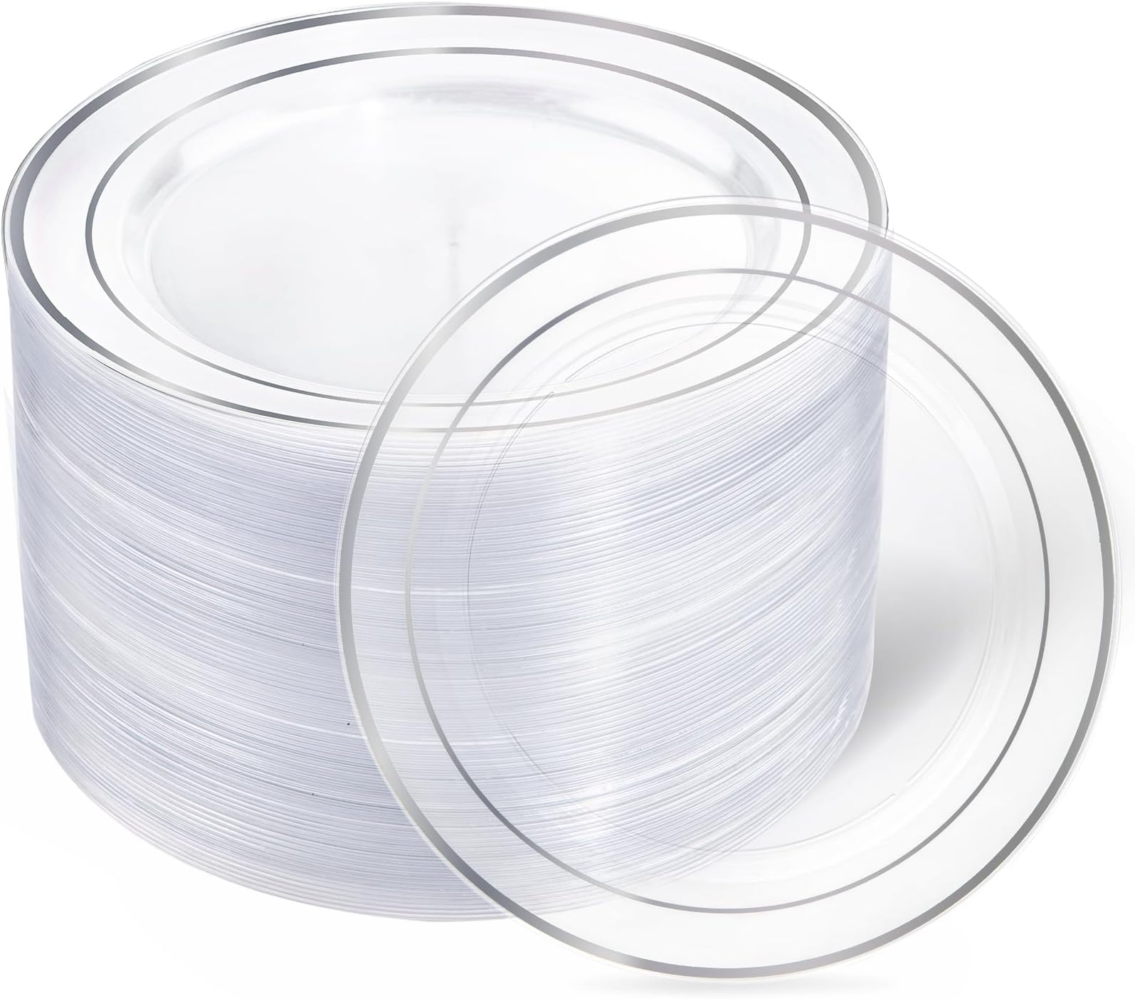 I00000 60PCS Clear and Silver Disposable Plates,Clear Plates with Silver Rim 7 Inch,Heavy Duty Plastic for Wedding Birthdays Party