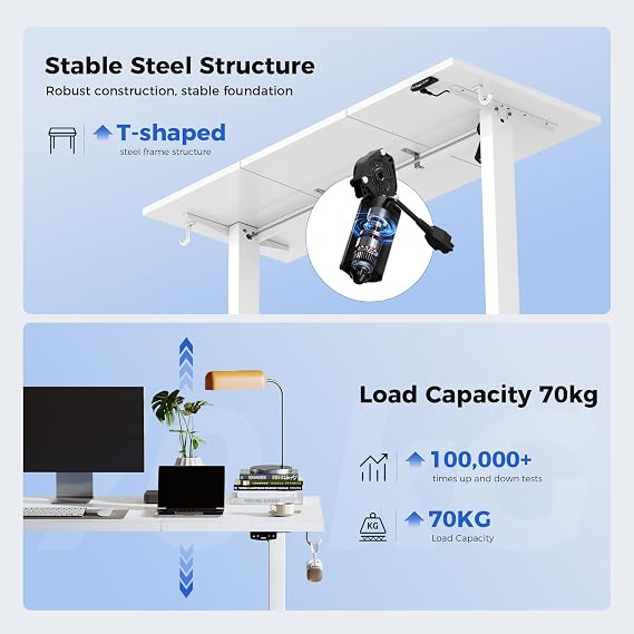 Agilestic Electric Standing Desk, 2 Memory Buttons, 120x60cm | Height Adjustable Desk for smart Pannel, 72-116cm, Sit Stand Desk with 2 Hooks, Home Office Desk, 2 pcs Desktops, White