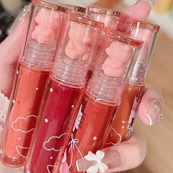 6Pcs Bear Lip Glaze Jelly Lipstick, Liquid Lipstick Cute Bear Lipgloss Moisturizing Lip Stain Plumping Water Lip Gloss Waterproof Long Lasting Cheek Rouge Tint Cosmetics Beauty Makeup