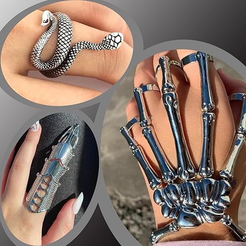 Miniatura 3 de Pulsera de mano de esqueleto, decoración de Halloween, diseño de calavera, manos de esqueleto con serpiente, anillos de dedo completo para mujeres y