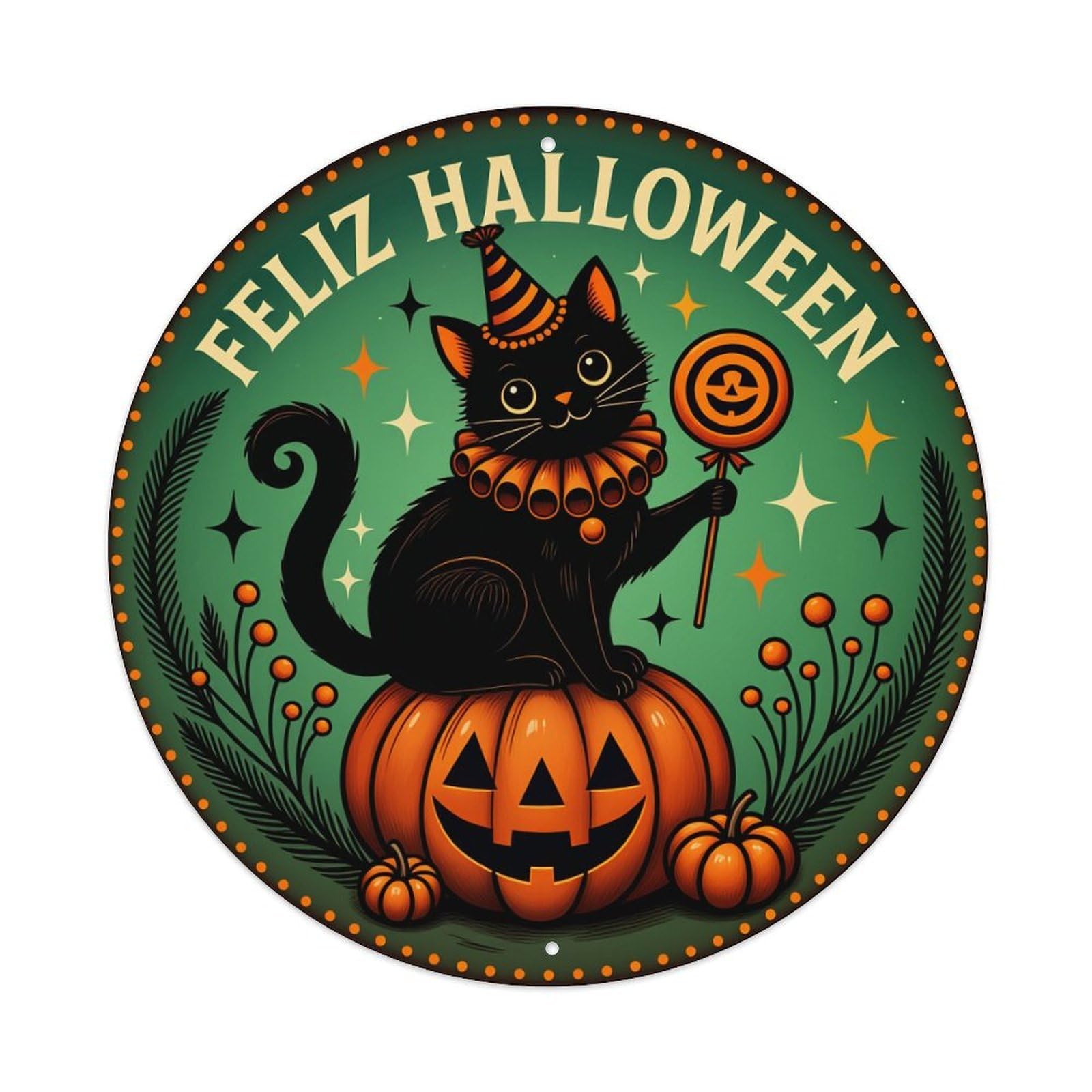 Black Cat Pumpkin Halloween Party Round Tin Sign Vintage Style Metal Sign Home Bar Garden Wall Plaque Decor Metal Poster 8x8 Inch