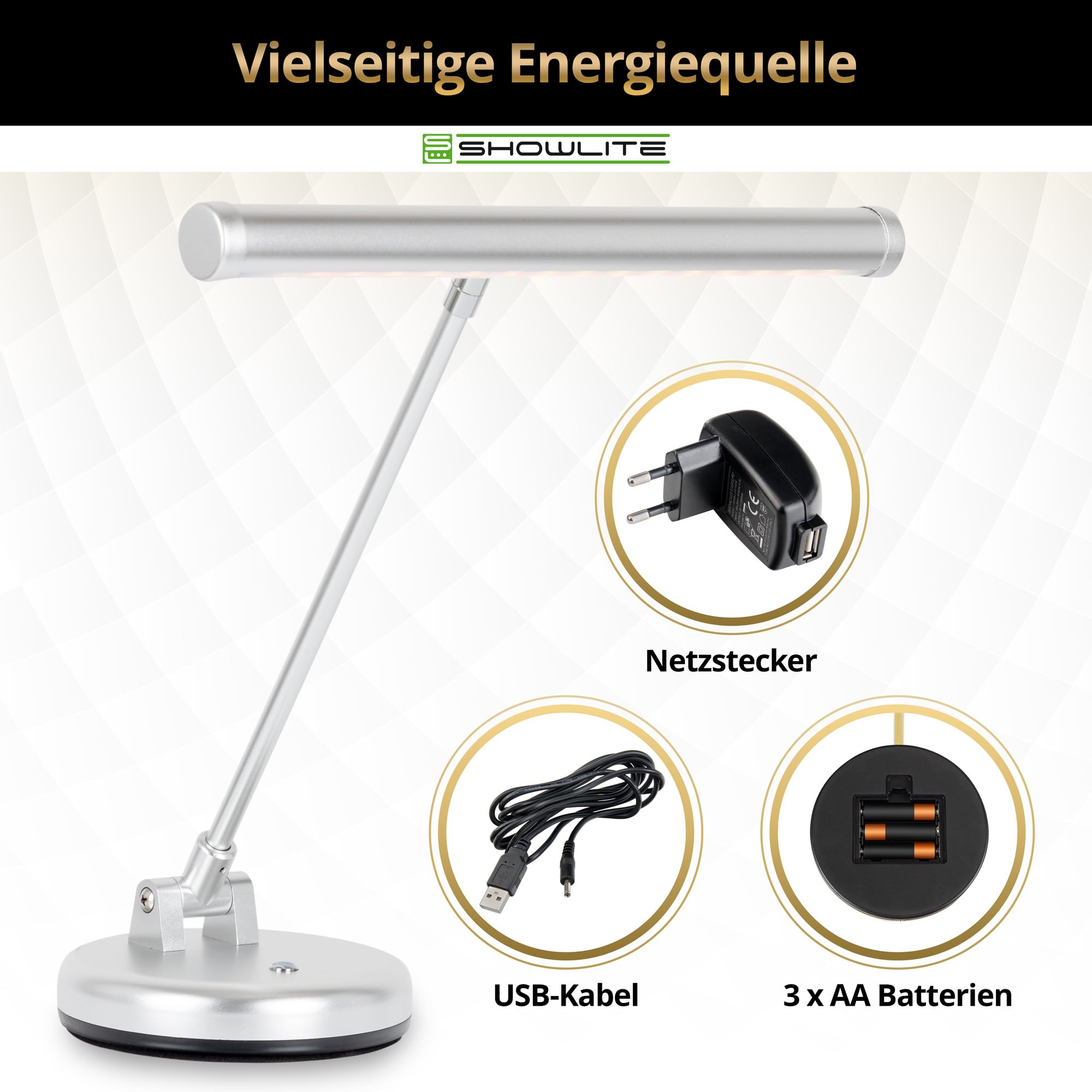 Showlite PL-1-SL-KW LED Klavierleuchte - Klavierlampe mit 15 LEDs - warmweißes Licht in 2 Stufen - 36 cm Höhe - Betrieb per USB, Netzstrom oder Batterie - silber matt