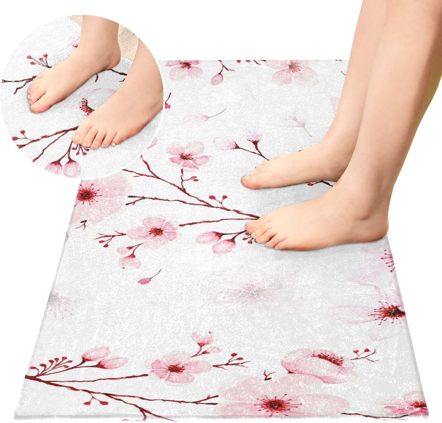 senya Fluffy Bathroom & Kitchen Area Rug, Cherry Blossom Branche Plush, 39 x 20 Inch, Multi Color, Japanese Floral Design, Non Slip, Water Absorbent