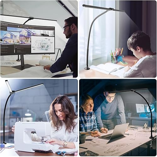 Miniatura 5 de ShineTech lámpara LED de escritorio para oficina en casa, lámpara de 5000K muy brillante de doble cabeza para arquitecto con abrazadera, atenuable y