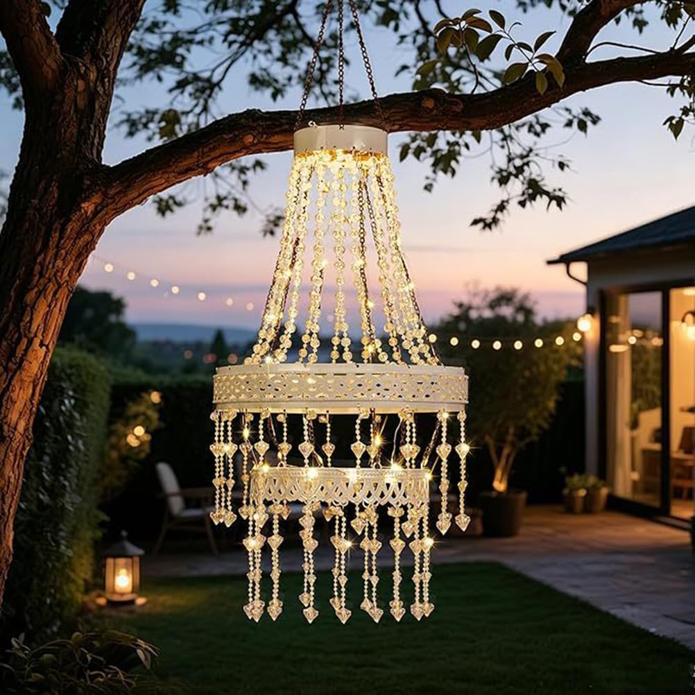 OOWOKS Solar Kristall Kronleuchter Außen Hängelampe IP44 Wasserdicht 3000K Warmweiß Solar Hängelampe mit Acryl Perlen Automatische Ein/Aus für Pergola Baum Terrasse Garten Hochzeitsdeko