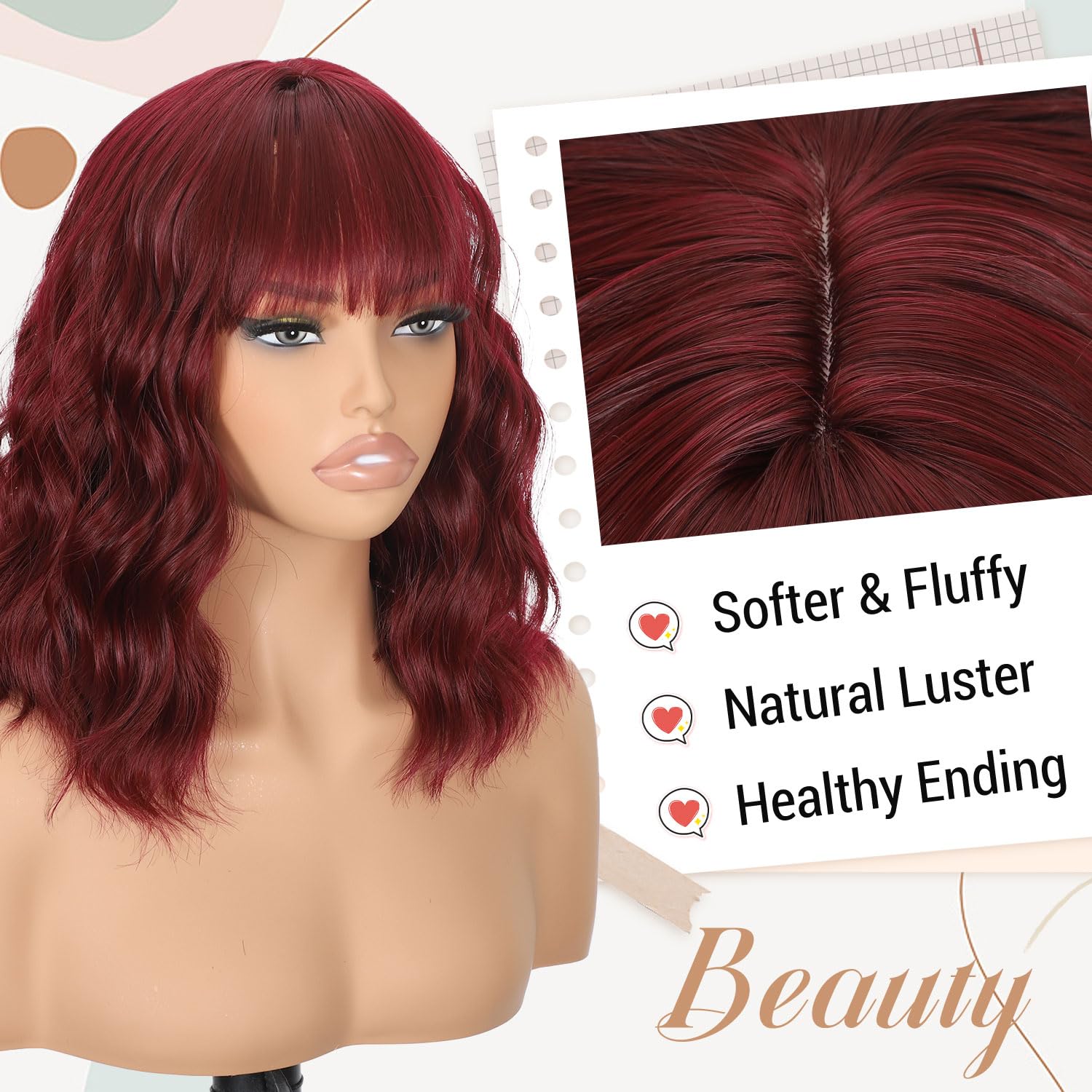 onyxrose Bob Wavy Wig with Bangs for Women Short Wavy Wig for Daily Party Cosplay Synthetic Wig Shoulder Length Natural Color Hair（Auburn）