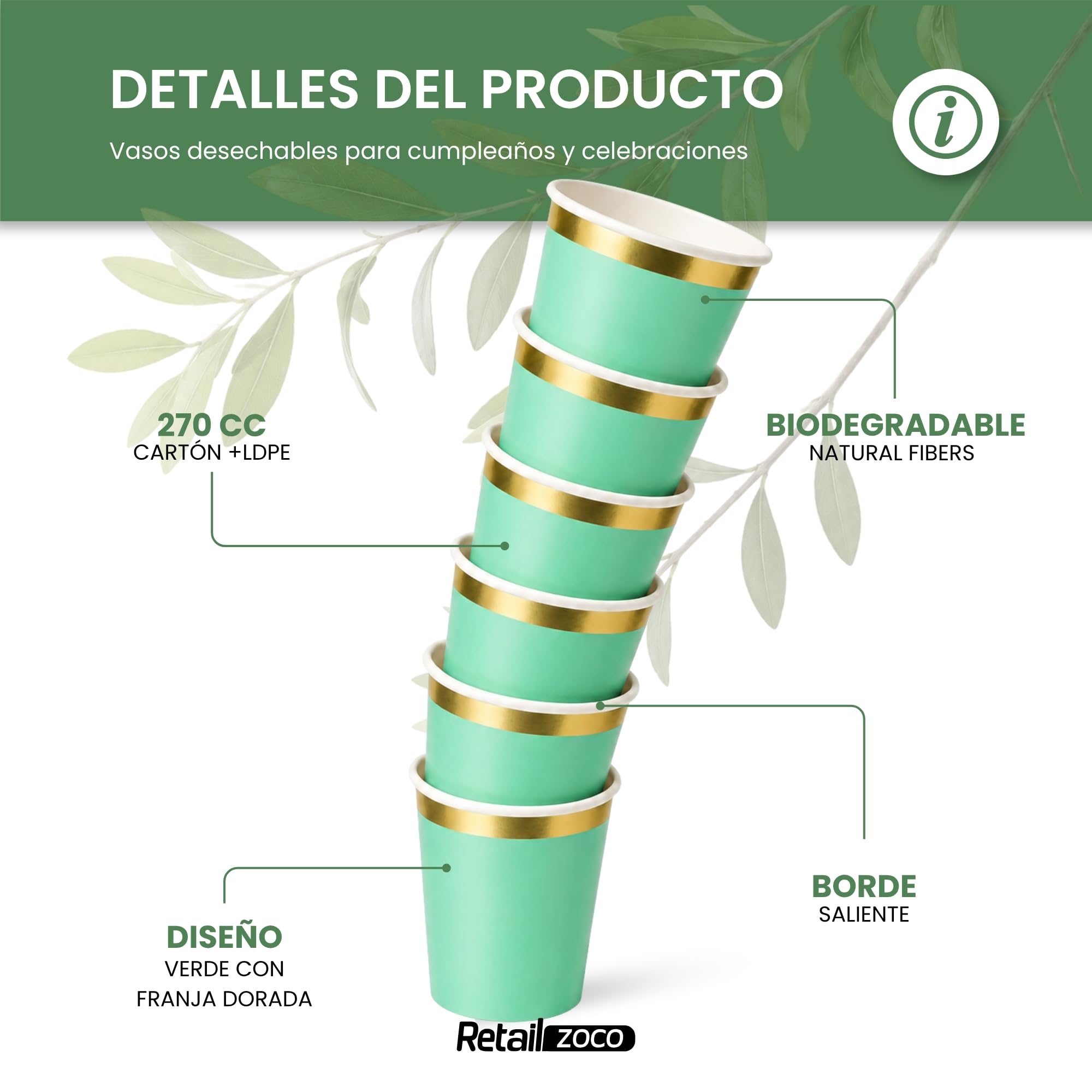 Vasos de cumpleaños, Vasos Desechables cartón, Diseño Verdes, 12 Unidades - imagen 2