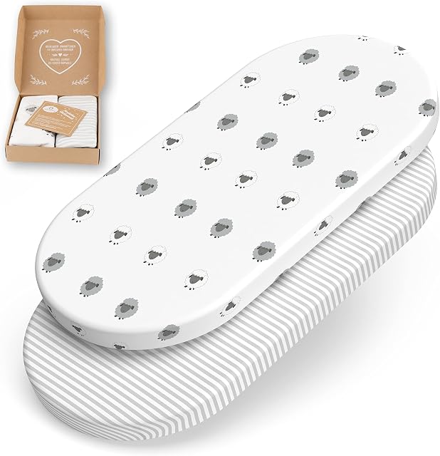 mimaDu® Premium Spannbettlaken Kinderwagen, Stubenwagen Bezug, Kinderwagen Matratzenbezug, passend für Babybay Spannbetttuch Original - 78x36, 80x35, 80x40 cm- 100% OEKOTEX Baumwolle (Schaf Streifen)