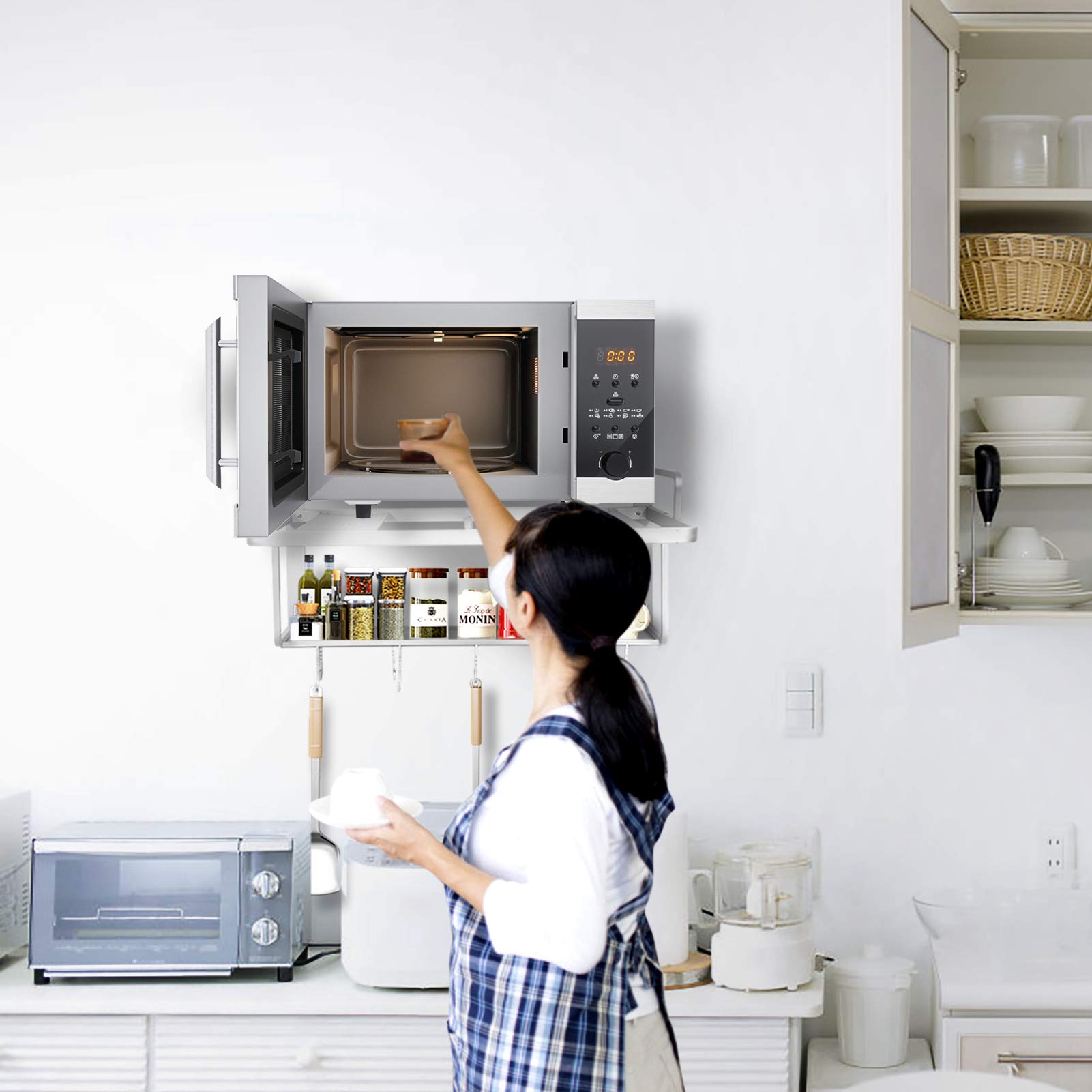 Ejoyous Soporte para horno de microondas de doble capa colgante 3 en 1, soporte de pared para horno de microondas con 10 ganchos, organizador de estante de almacenamiento de cocina