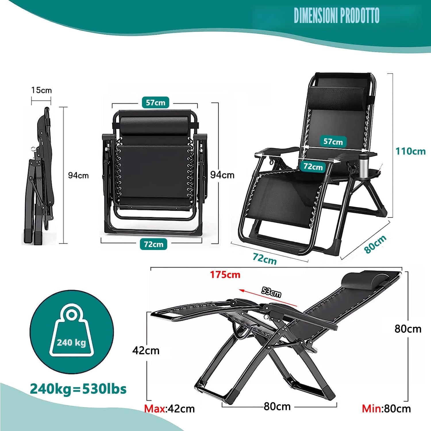 Sedia a Sdraio Pieghevole per Esterni, Senza Peso, con Cuscino, Regolabile, per Patio, Giardino, Spiaggia, Piscina, con Cuscino, 240 kg (Nero)