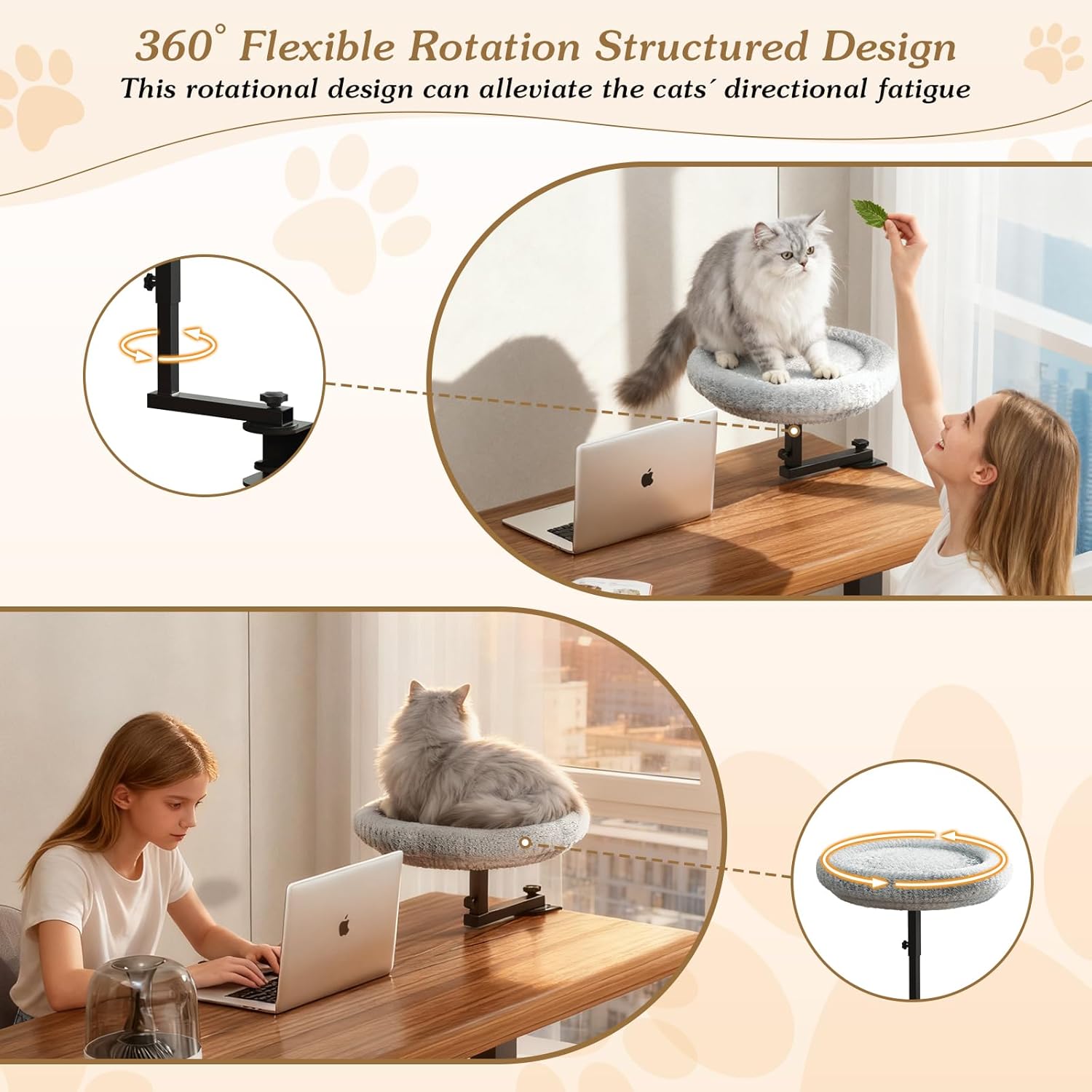 VERIFOST Cat Bed for Desk with Adjustable Height & 360 Rotation Elevated, Heavy-Duty Cat Desk Bed for Small Space, Soft & Comfortable Modern Unique Kitten Furniture, Indoor Cats Up to 60 lbs (Gray)