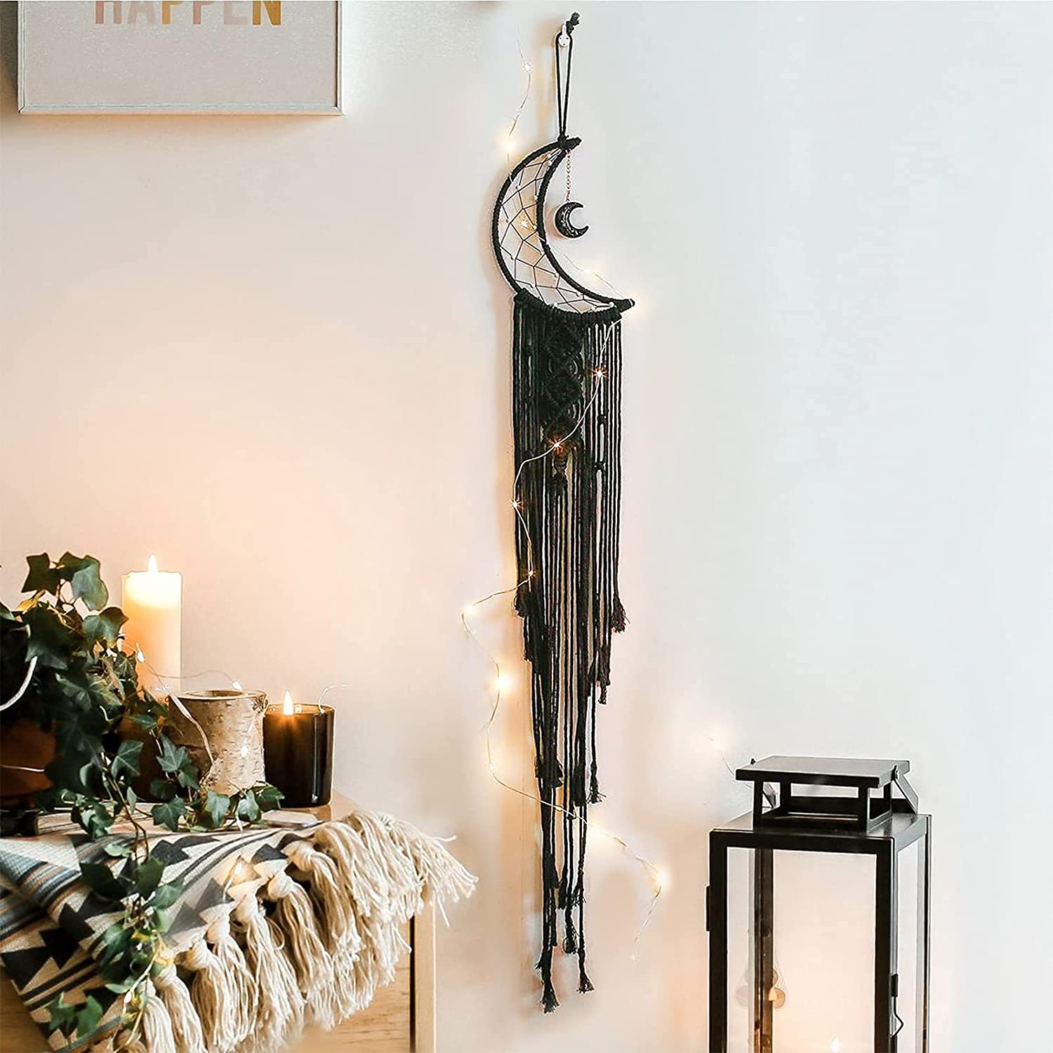 Atrapasueños de luna para dormitorio, colgante de pared bohemio, atrapasueños con cadena de luces, decoración del hogar, regalo de boda, cumpleaños, atrapasueños hecho a mano para amigos (negro)